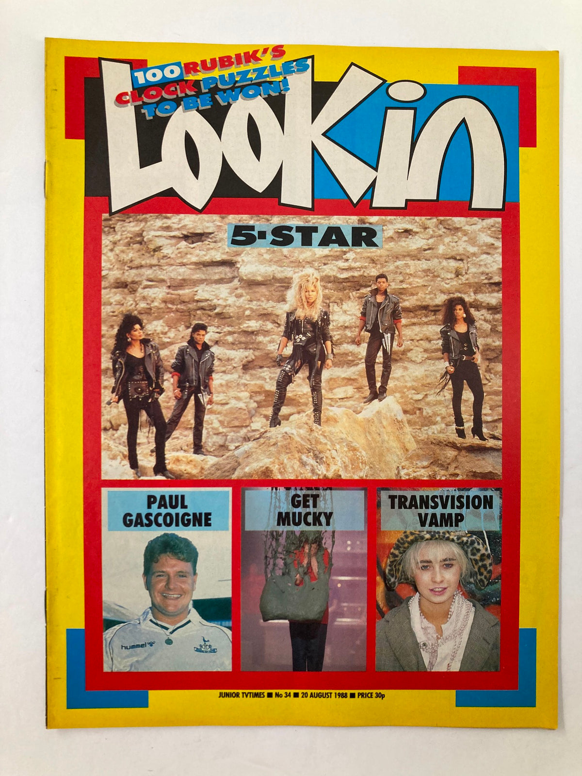 Lookin Magazine August 1988, issue 34 featuring Paul Gascoigne, Get Mucky theme, and Transvision Vamp. The colorful cover displays vibrant 80s design elements, including a group of stylishly dressed individuals, capturing the essence of vintage pop culture.