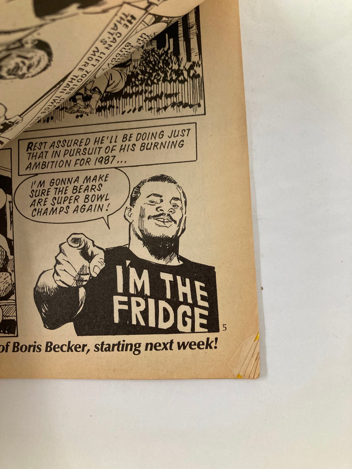 An inside page from VTG Lookin Magazine 1988 #39 showing a comic strip illustration with a character named 'The Fridge' promoting sports enthusiasm.