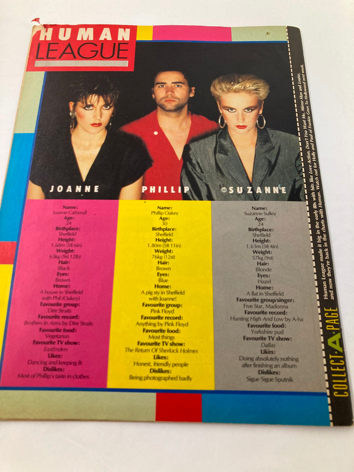 Profile page from VTG Lookin Magazine 1988 #39 detailing the band Human League, featuring members Joanne, Phillip, and Suzanne with personal stats and photos.