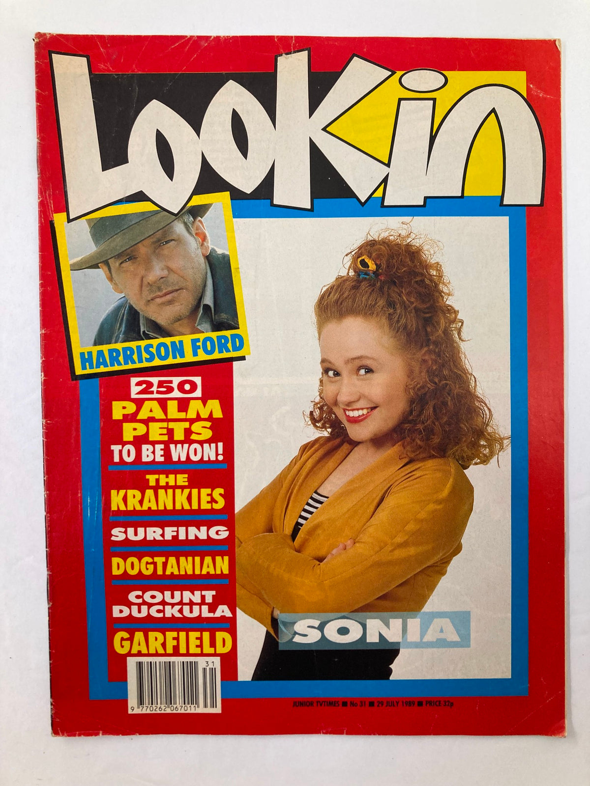 Cover of Lookin Magazine July 29, 1989, Issue #31 featuring Harrison Ford and Sonia, highlighting palm pet competition, and popular icons of the time.