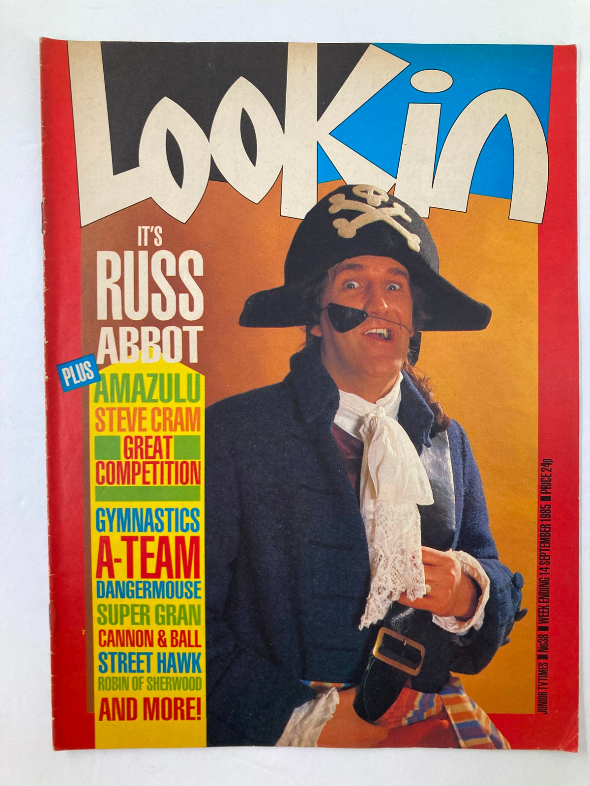 Cover of VTG Lookin Magazine September 14, 1985, issue #38 featuring comedian Russ Abbot in a pirate costume and vibrant colors, highlighting entertainment topics.