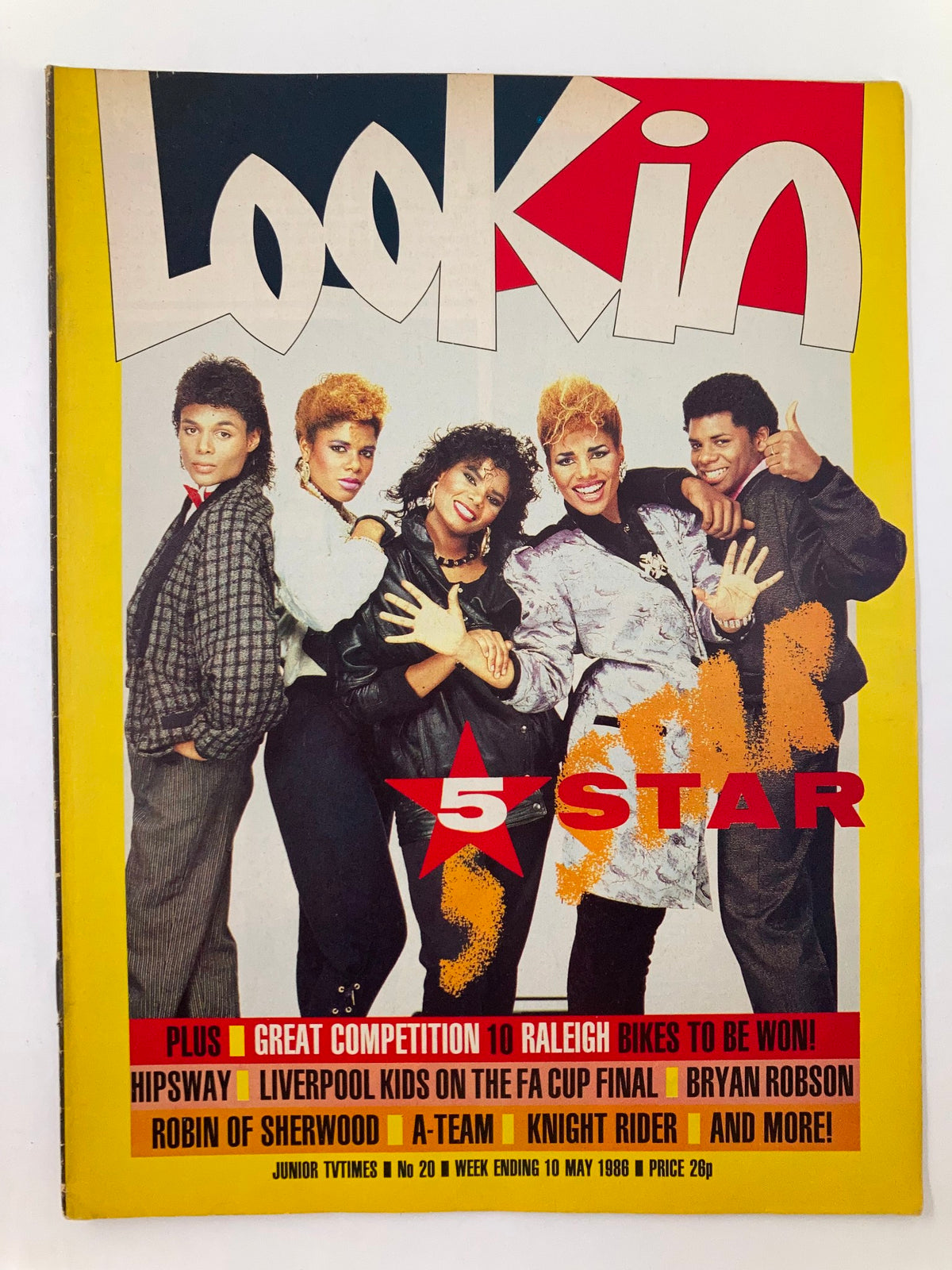 Vintage Lookin Magazine May 10 1986 Issue cover featuring a colorful design with the title 'Lookin' and a group photo of five stylish individuals promoting the 5 Star band and various entertainment features.