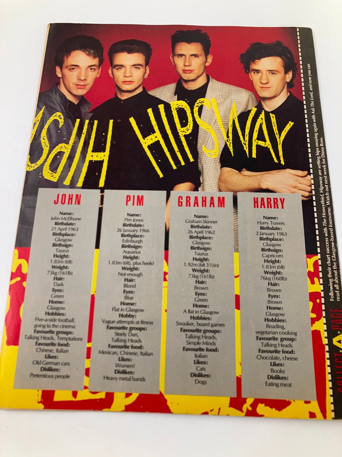 Vintage Lookin Magazine May 10 1986 Issue featuring Hipsway band members John, Pim, Graham, and Harry, showcasing their profiles and favorite groups.