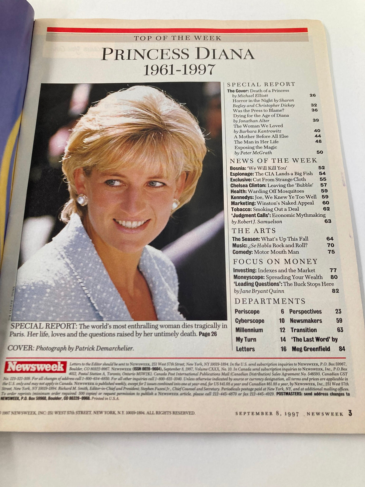 Inside page of Newsweek Magazine September 8 1997, highlighting a special report on Princess Diana, including an overview of articles reflecting on her life from 1961 to 1997.