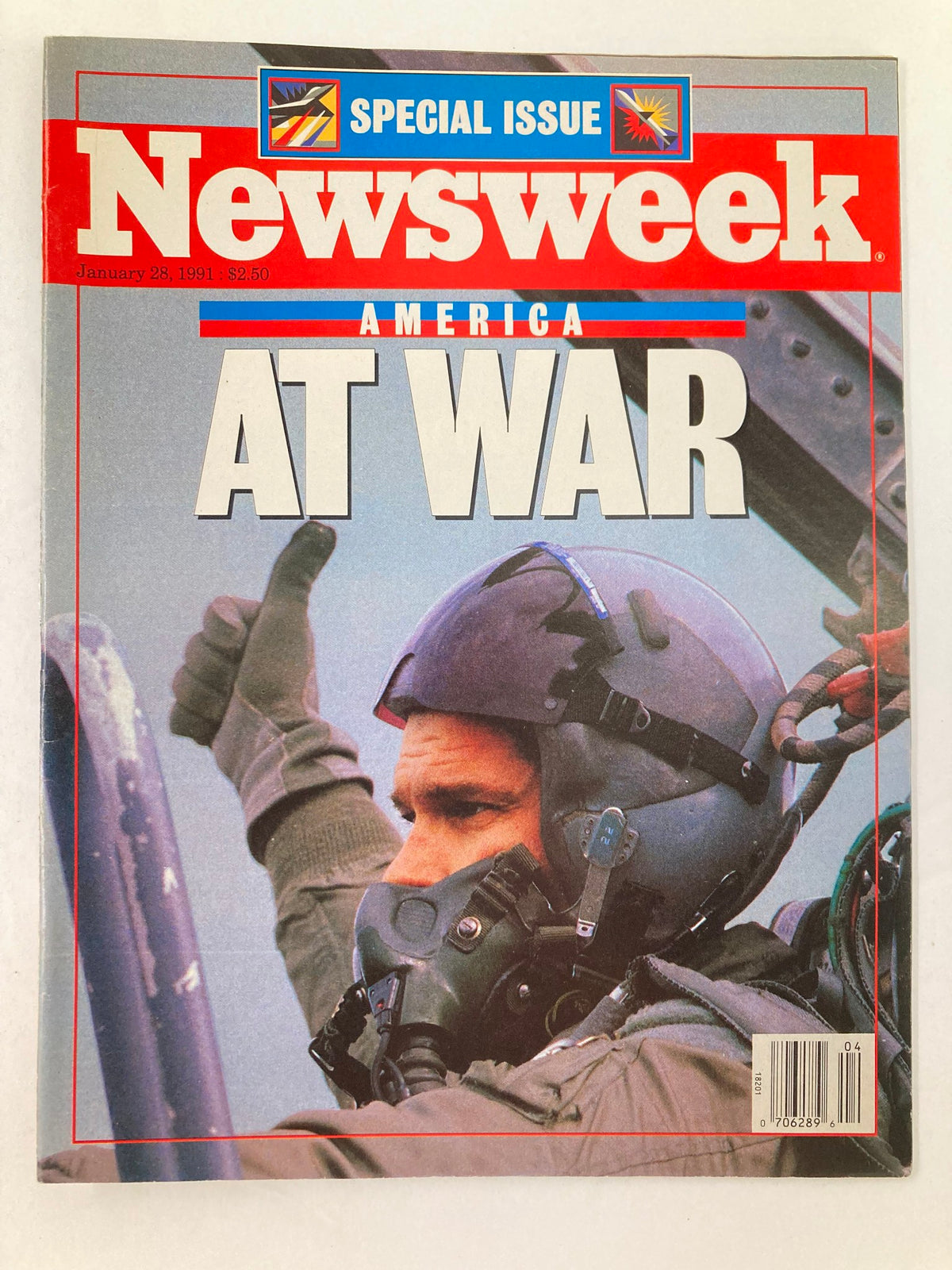 Cover of Newsweek Magazine January 28, 1991: America at War Special Issue featuring a pilot in gear giving a thumbs up, highlighting America's involvement in the Gulf War.