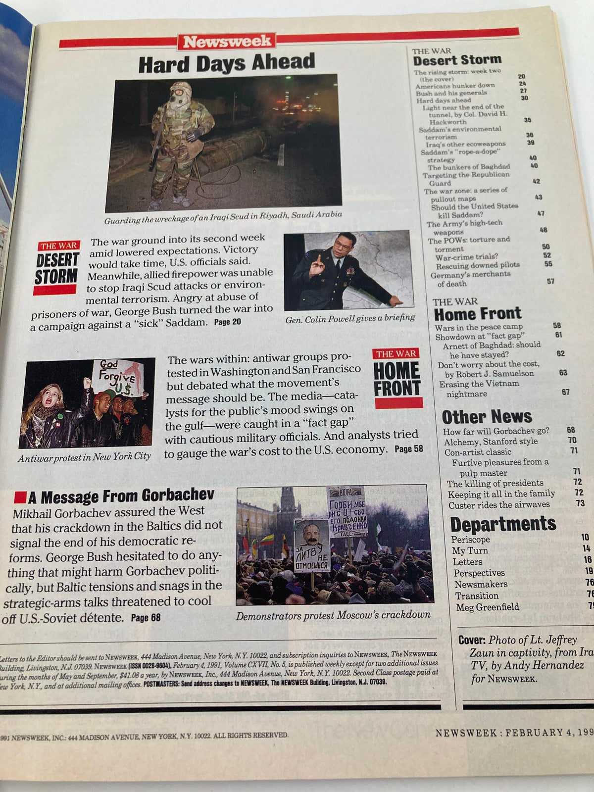 Interior page of Newsweek Magazine February 4, 1991, titled 'Hard Days Ahead' showcasing a soldier guarding wreckage and discussing the Desert Storm operation alongside a message from Gorbachev on political tensions.