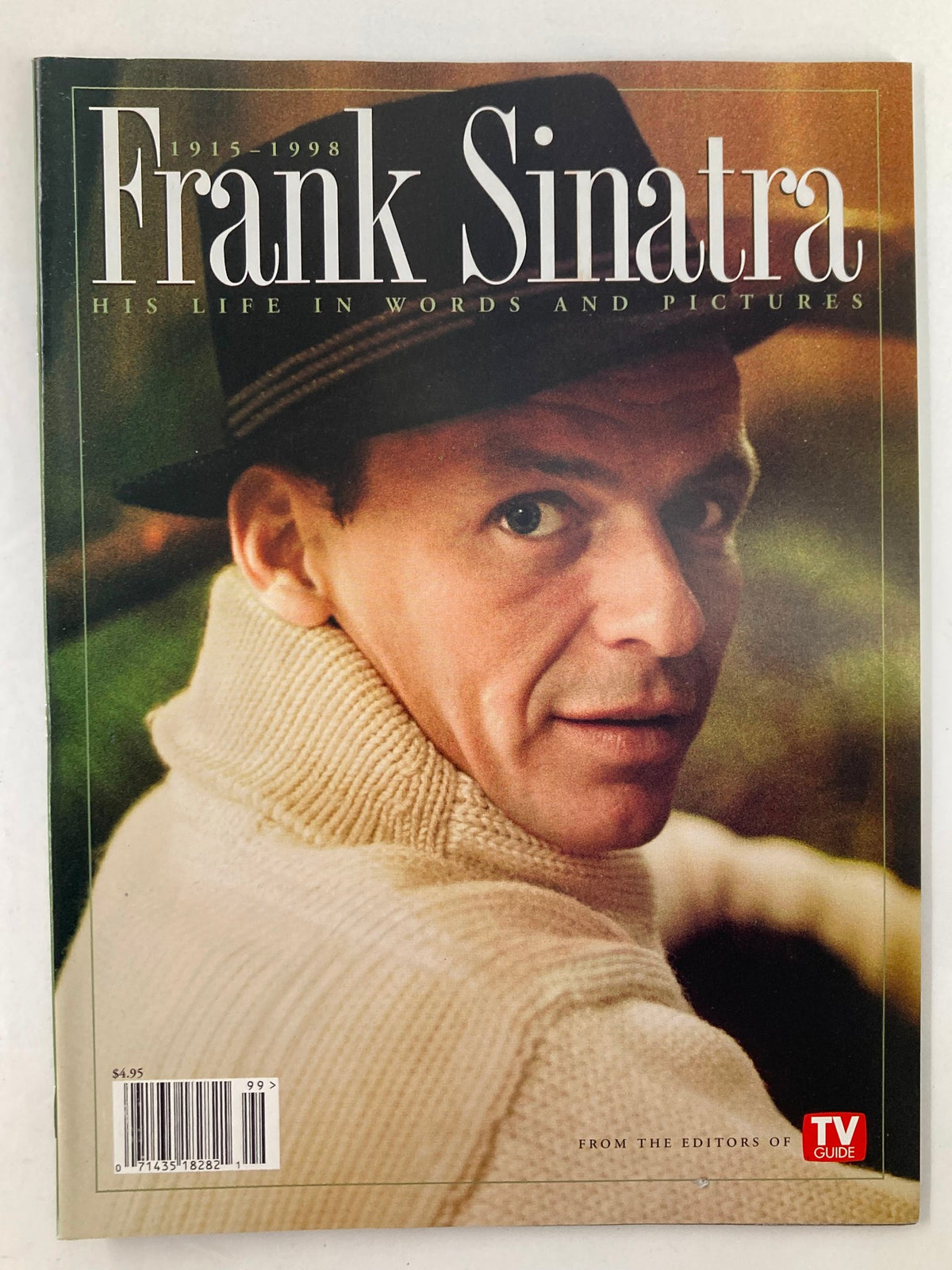Cover of TV Guide Magazine 1998 featuring Frank Sinatra. The title reads 'Frank Sinatra: His Life in Words and Pictures'. The image highlights a portrait of Frank Sinatra wearing a sweater and a hat.