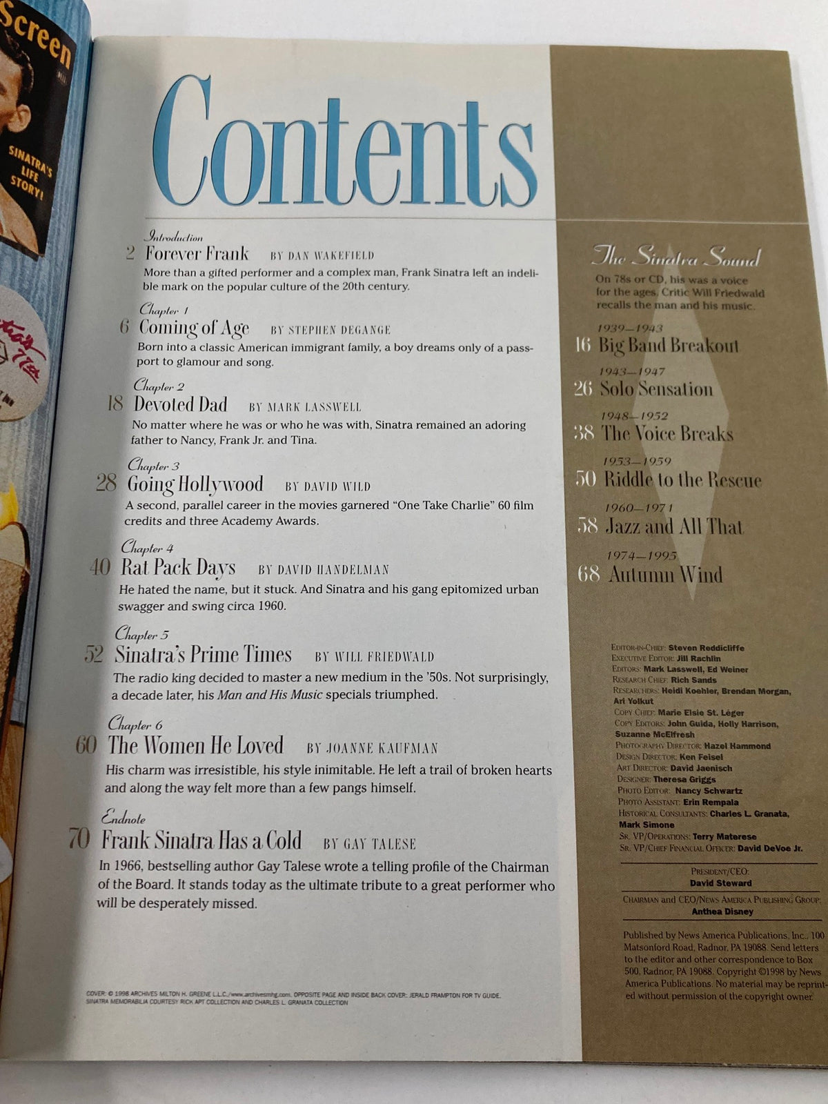 Contents page of TV Guide Magazine 1998 dedicated to Frank Sinatra. It includes chapter titles such as 'Forever Frank', 'Going Hollywood', and 'Rat Pack Days', showcasing significant moments from his life and career.