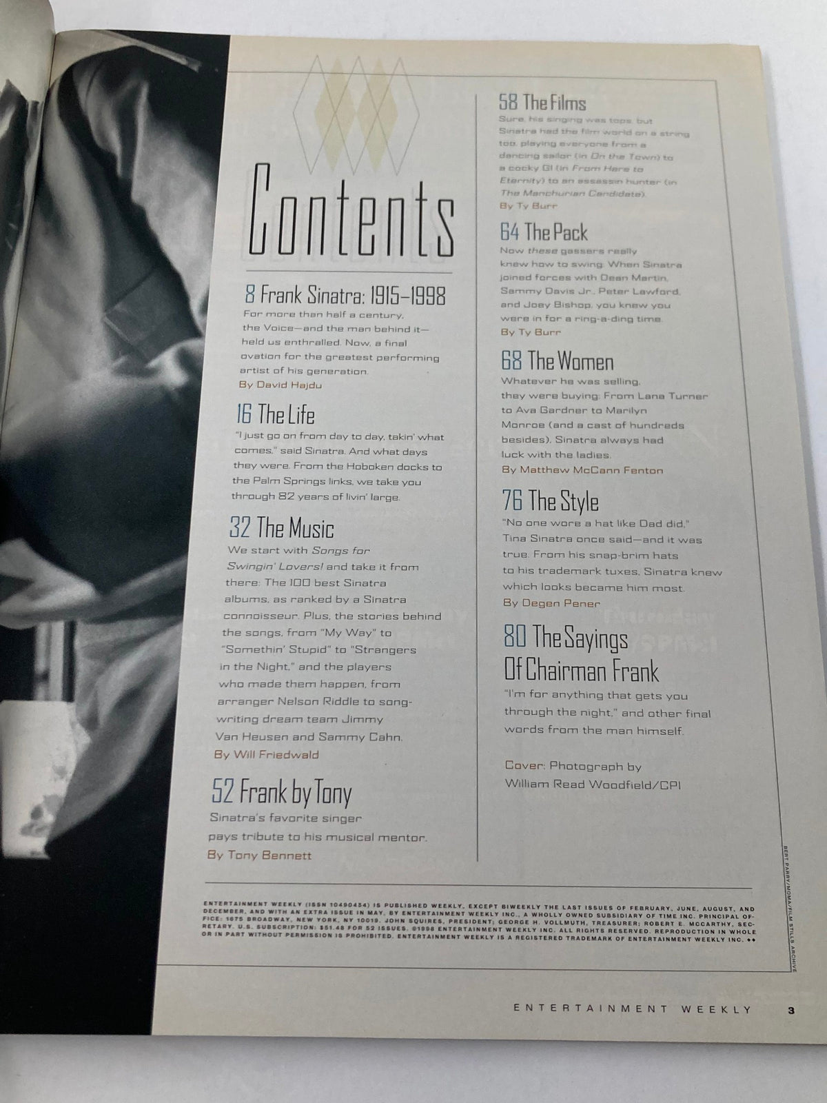 Contents page of the Entertainment Weekly Magazine Summer 1998 that features a tribute to Frank Sinatra, detailing articles on his life, music, and impact.