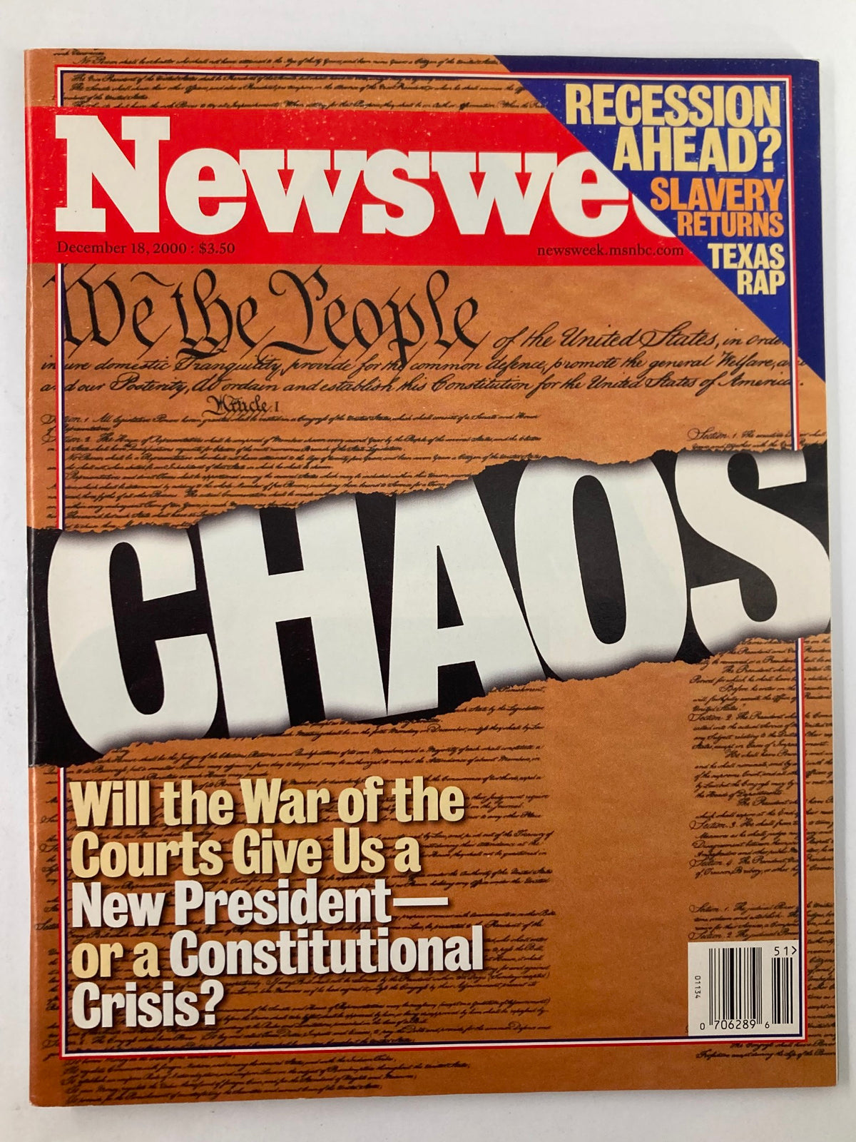 Newsweek Magazine December 18 2000 Cover featuring the title 'CHAOS' and a headline about recession, highlighting the theme of impending economic turmoil.