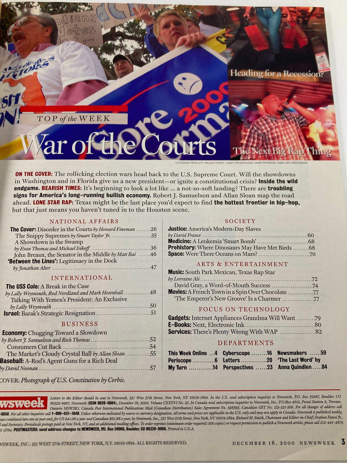 Interior page of Newsweek Magazine December 18 2000 showcasing the article 'War of the Courts' with headlines discussing the political climate leading up to the 2000 presidential election.