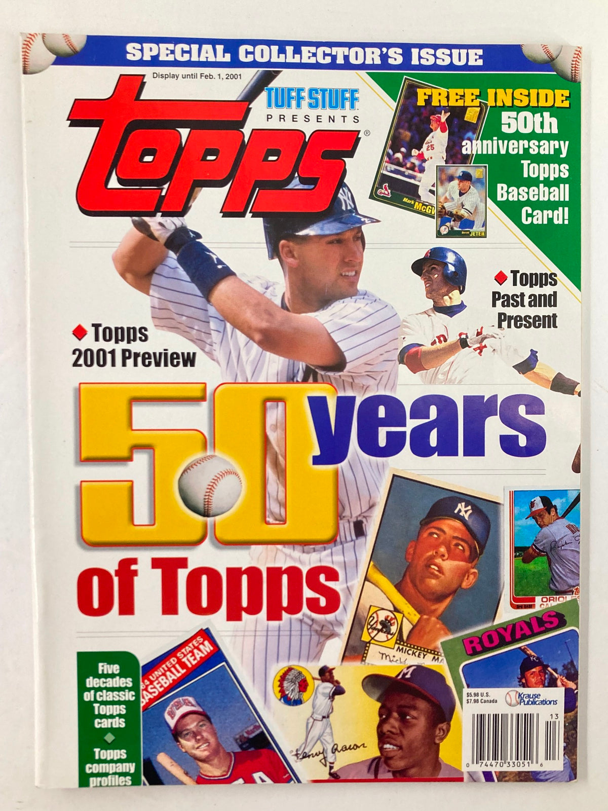 2001 Tuff Stuff Presents 50 Years of Topps magazine cover featuring baseball player with a montage of baseball cards and highlights about the 50th anniversary.