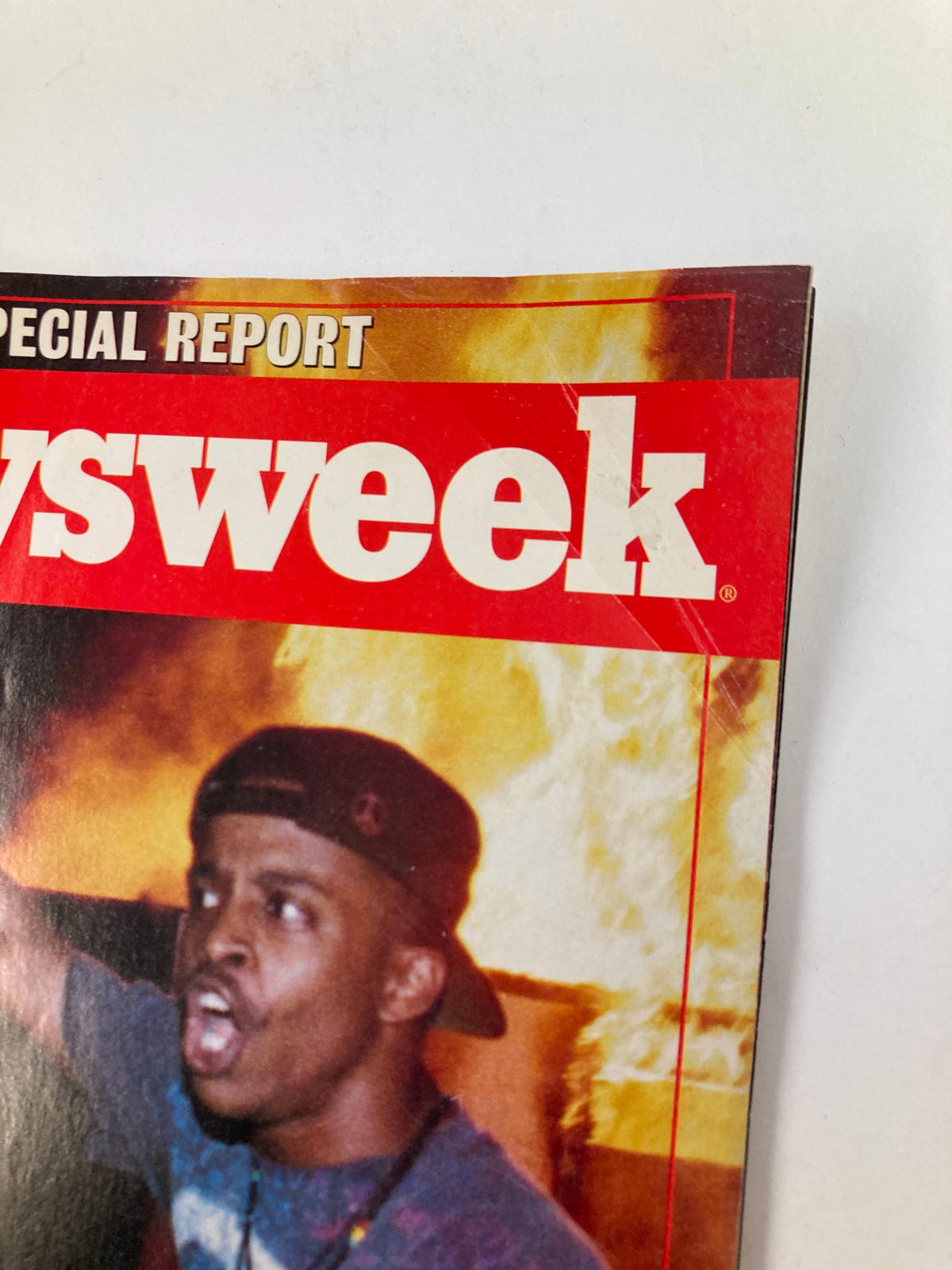 Detailed view of the Newsweek Magazine header from May 11, 1992, titled 'America on Trial: Fire and Fury', showcasing the cover design.