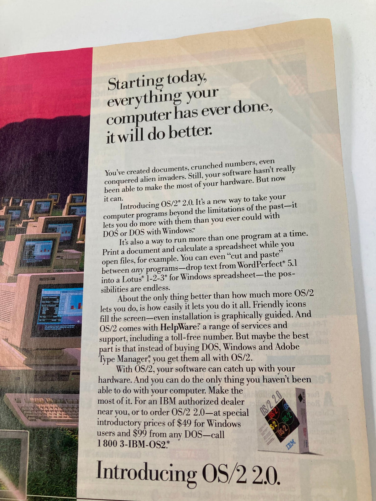 Computer software advertisement page in the Newsweek Magazine from May 11, 1992, introducing OS/2 2.0 with highlights on functionality improvements.