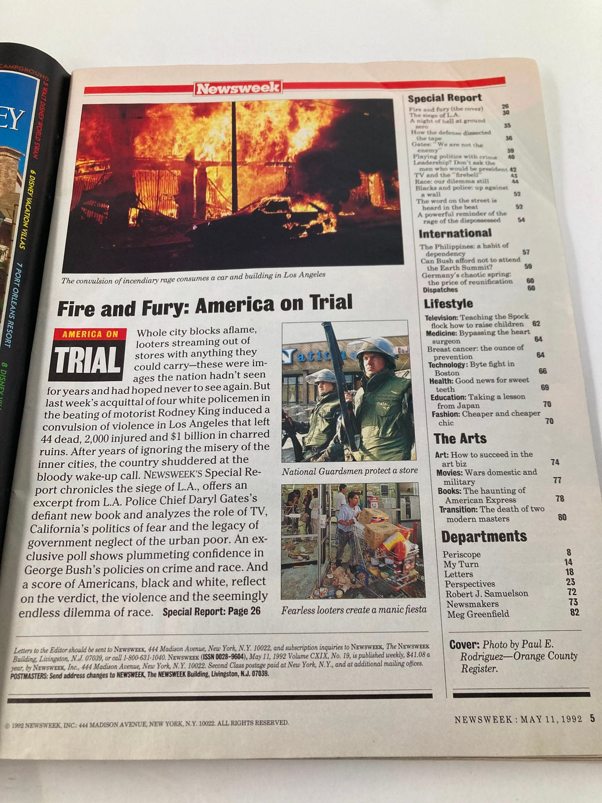 Newsweek Magazine May 11 1992 cover featuring a dramatic image depicting fire and chaos during civil unrest in Los Angeles, titled 'Fire and Fury: America on Trial'.