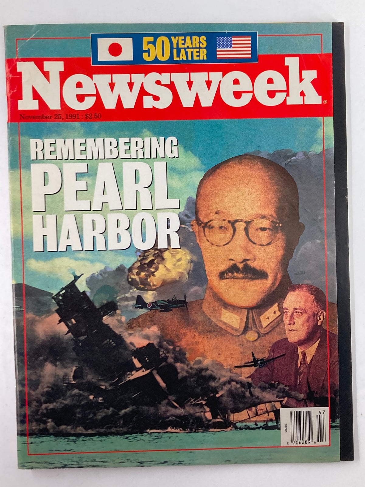 Newsweek Magazine cover from November 25, 1991, titled 'Remembering Pearl Harbor', featuring historic imagery including explosions and notable figures, capturing the essence of the 50th anniversary of Pearl Harbor.