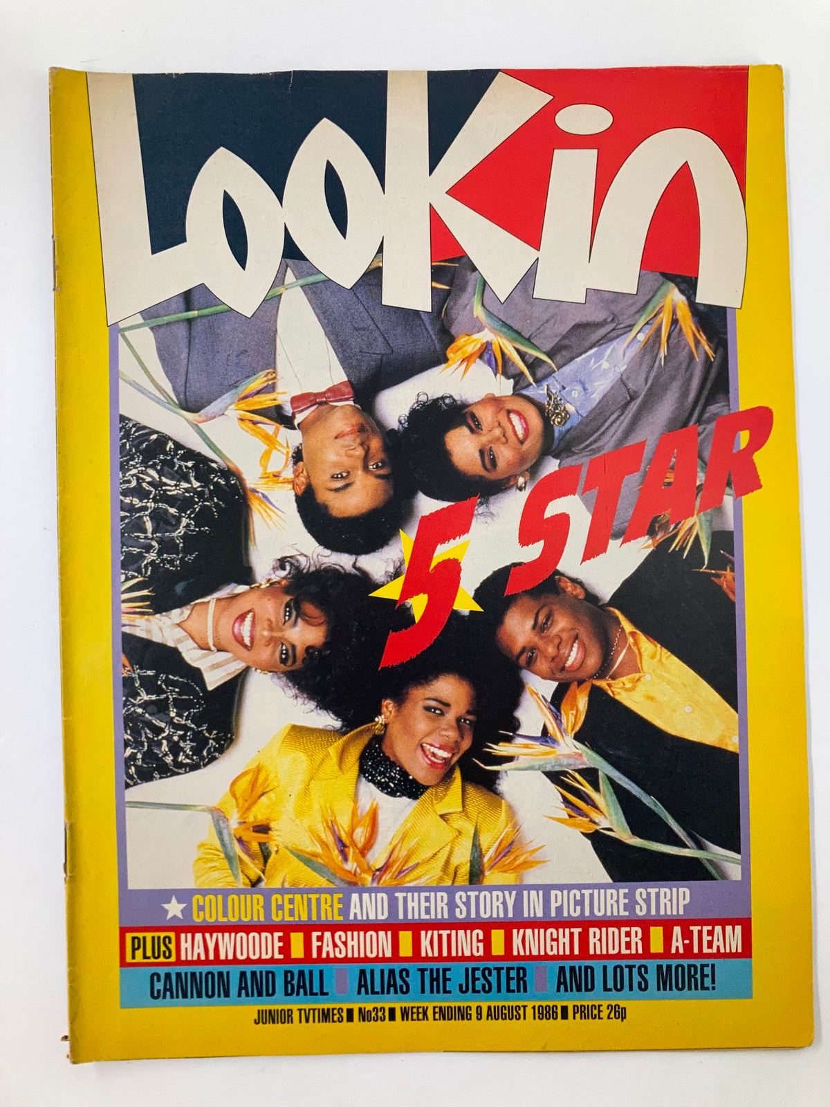 Cover of VTG Lookin Magazine August 9 1986 #33 featuring 5 Star, Haywoode & Alias Jester, showcasing vibrant pop culture and entertainment trends from the mid-1980s.