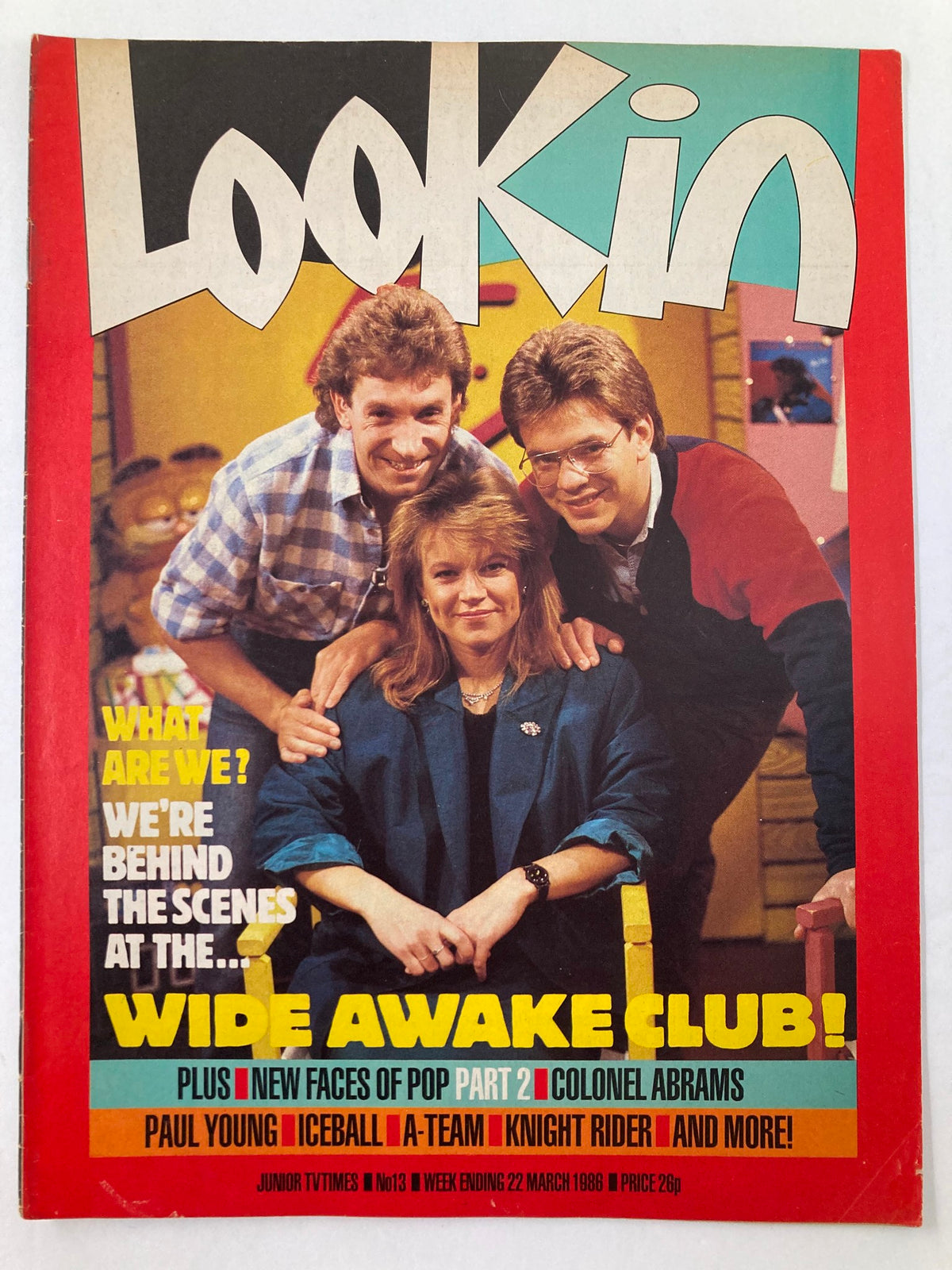 Lookin Magazine March 22 1986 #13 cover featuring Timmy Mallett and Michaela Strachan with bold text announcing 'Wide Awake Club' and details about pop culture content.