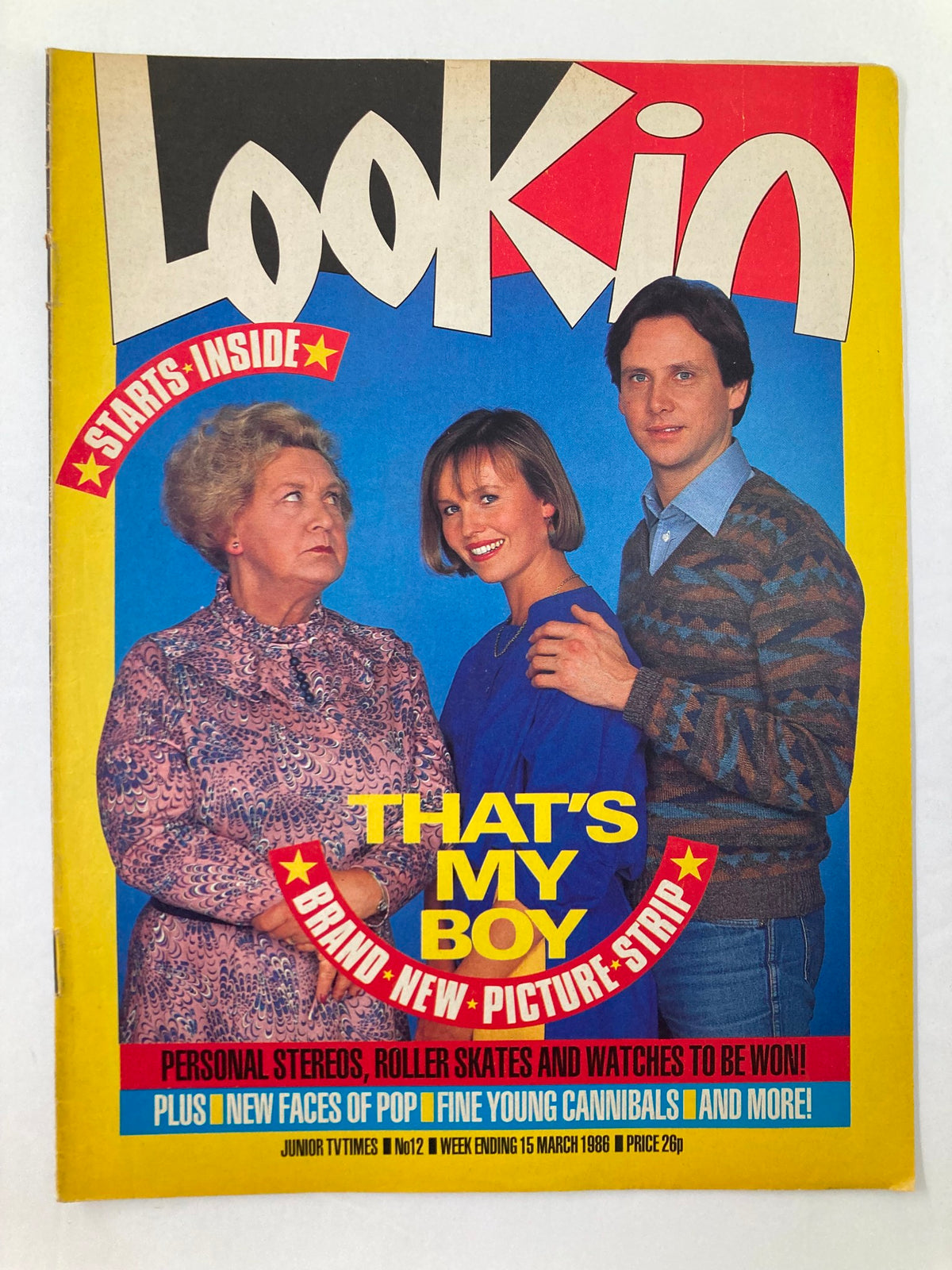 Cover of VTG Lookin Magazine March 15 1986, Issue #12 featuring three individuals, showcasing the title 'That's My Boy'. Celebrating vintage pop culture from the 1980s.