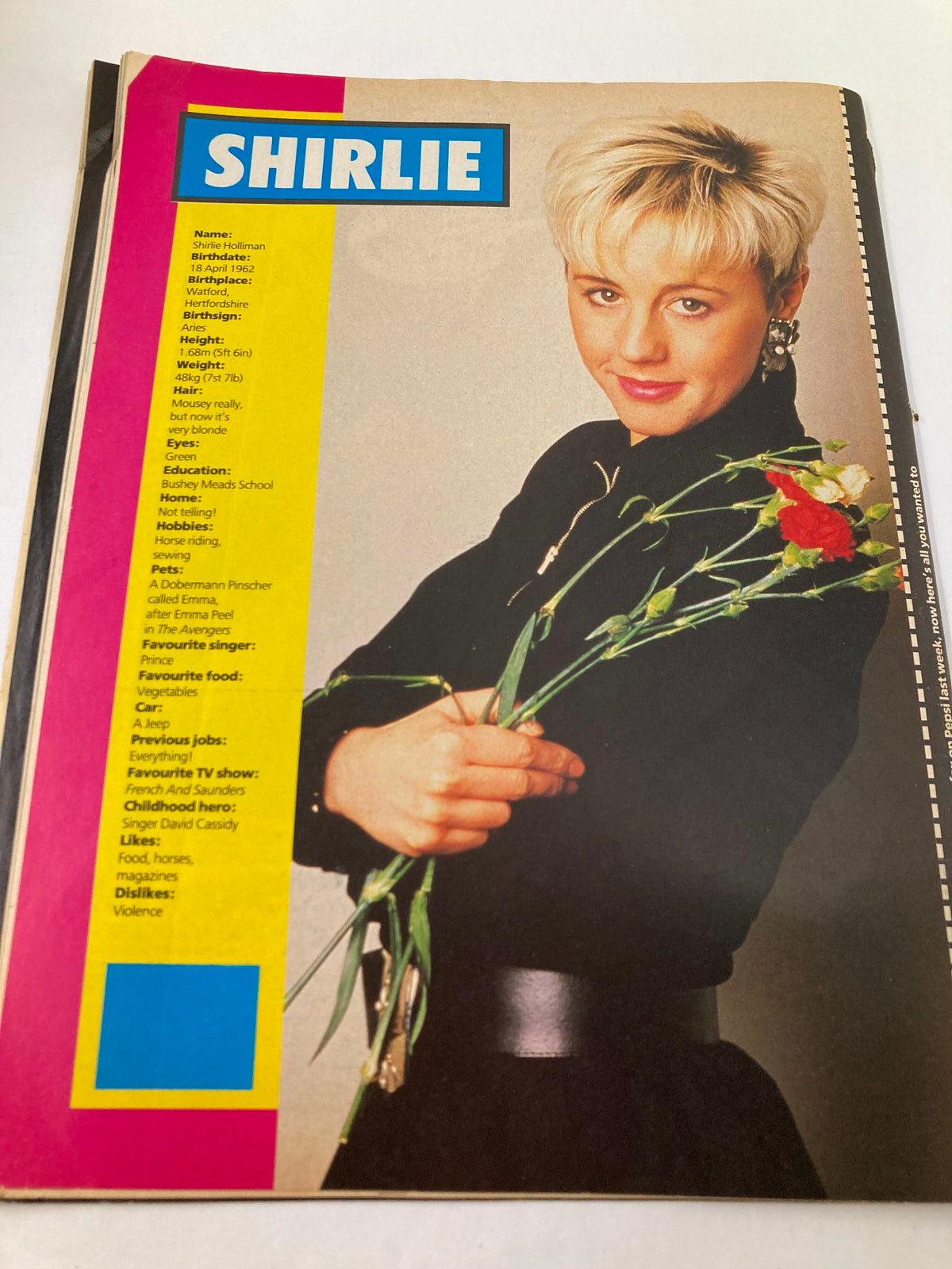 Profile page of Shirlie from VTG Lookin Magazine October 3 1987 #41 displaying personal details and a portrait.