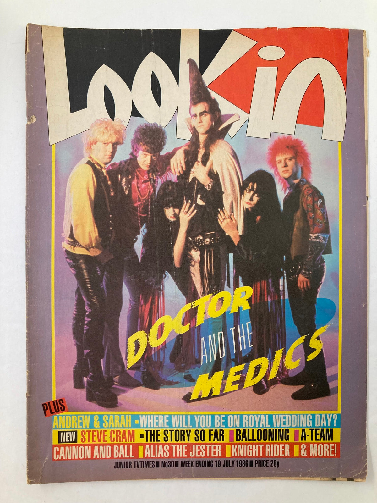 Cover of VTG Lookin Magazine July 19 1986 #30 featuring Doctor and The Medics, showcasing vibrant 1980s pop culture with colorful typography and bold design.