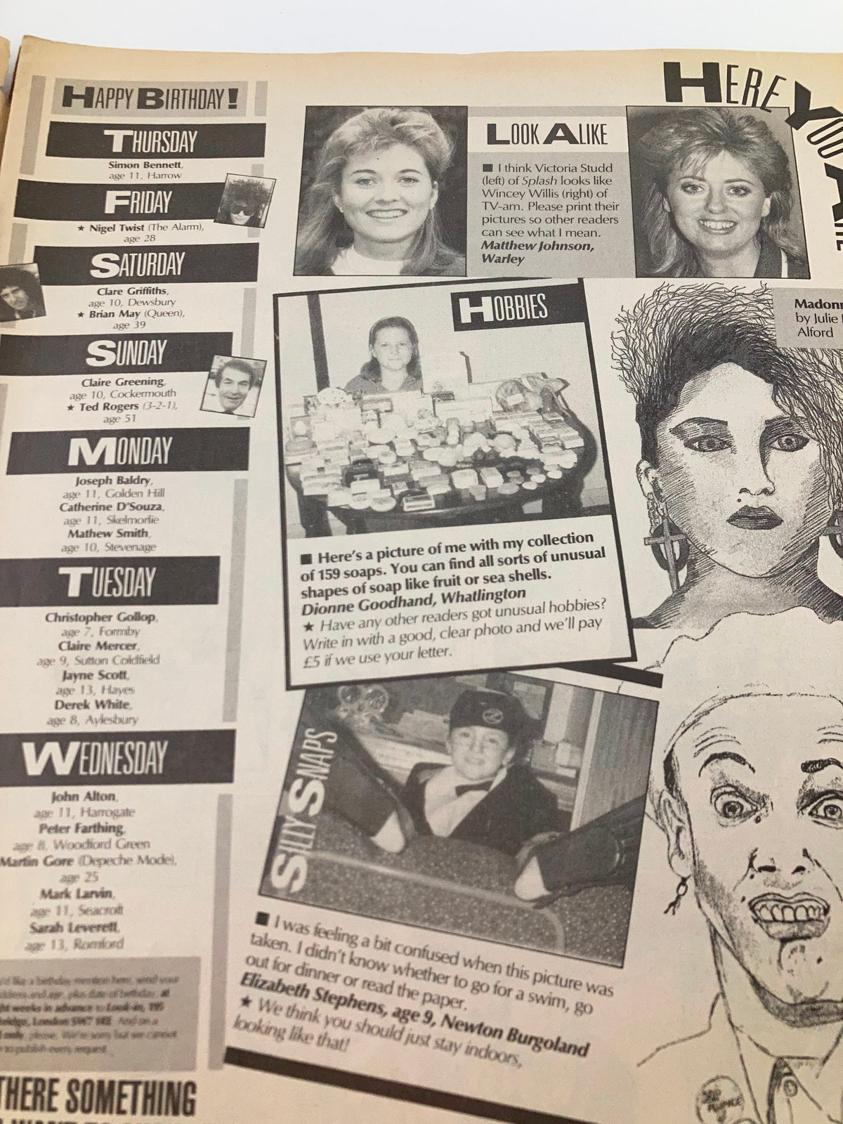 Interior page of VTG Lookin Magazine July 19 1986 #30 displaying a birthday section with photos of various individuals, showcasing 1980s pop culture.