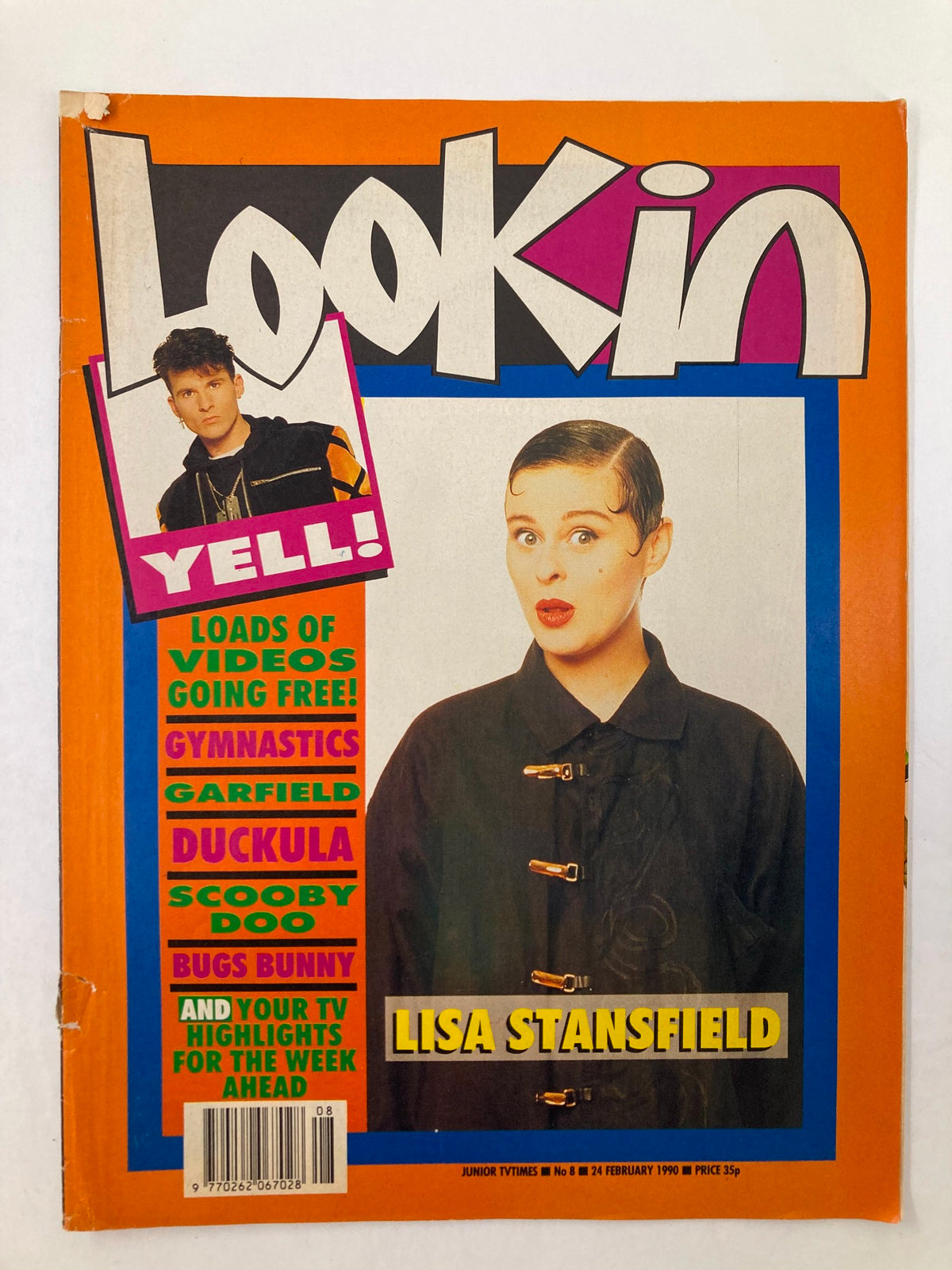 Cover of Lookin Magazine February 24, 1990, Issue #8 featuring Lisa Stansfield and Yell! with headlines about videos, gymnastics, and popular cartoons.