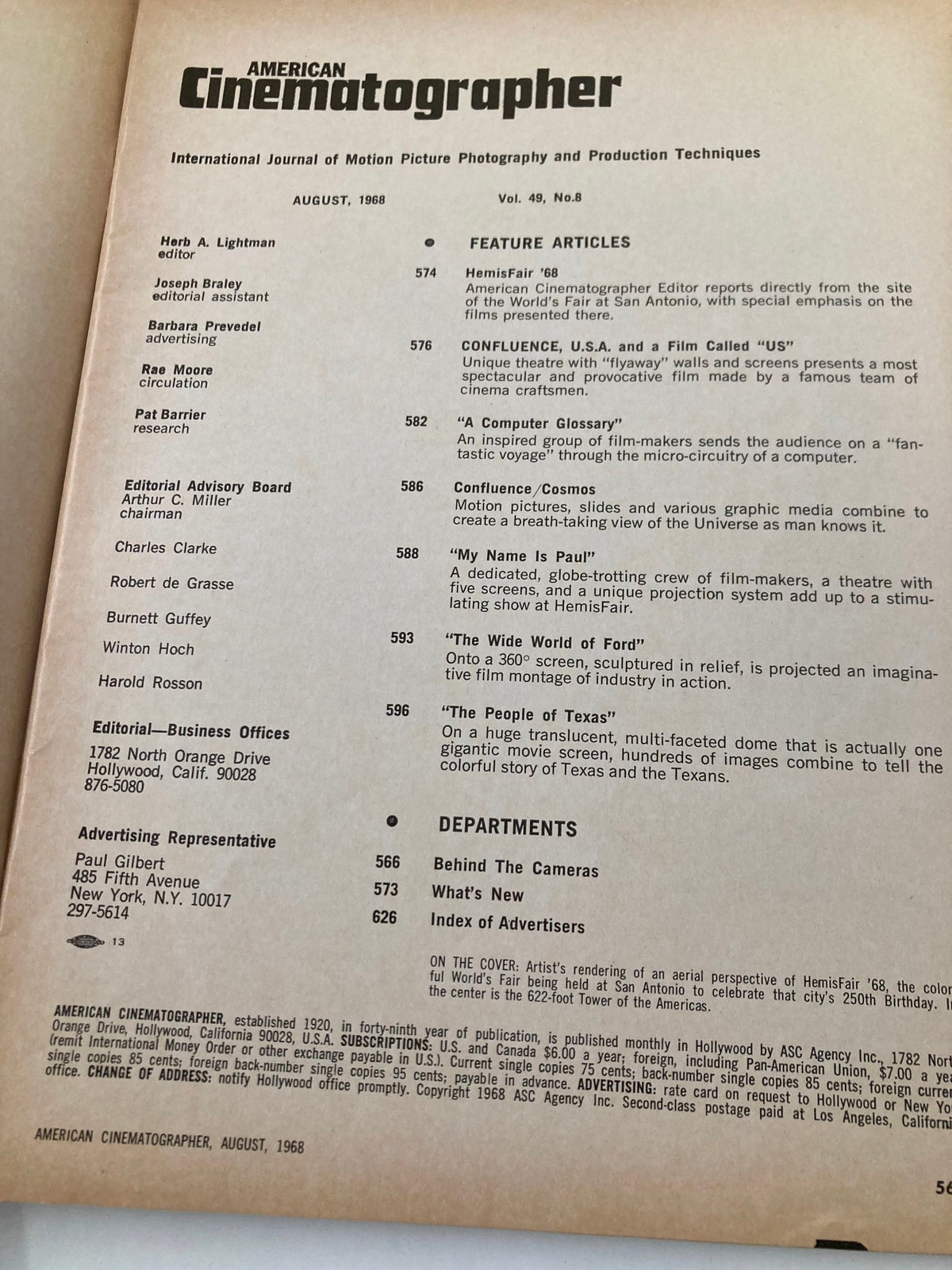 Inside page of American Cinematographer Magazine, August 1968, displaying the table of contents and feature articles including HemisFair '68.