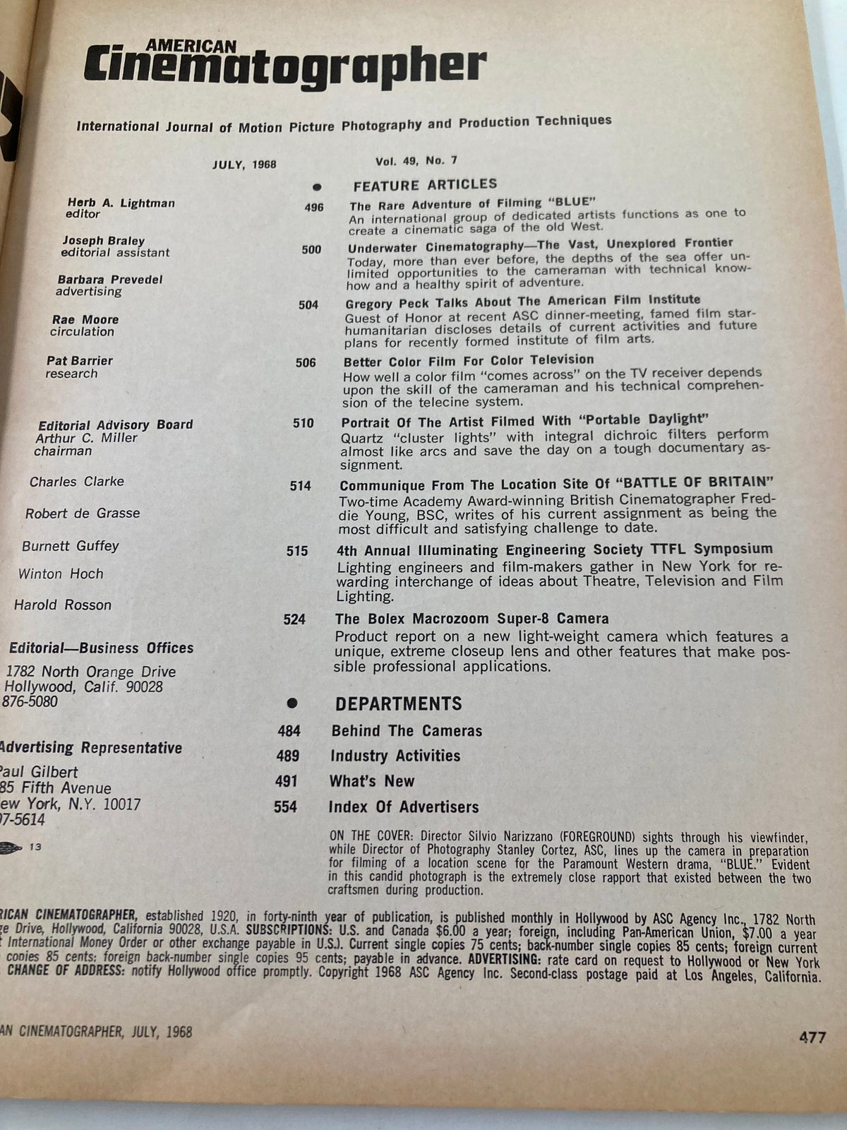 Inside page of American Cinematographer Magazine July 1968 displaying the table of contents with feature articles and editorial information.