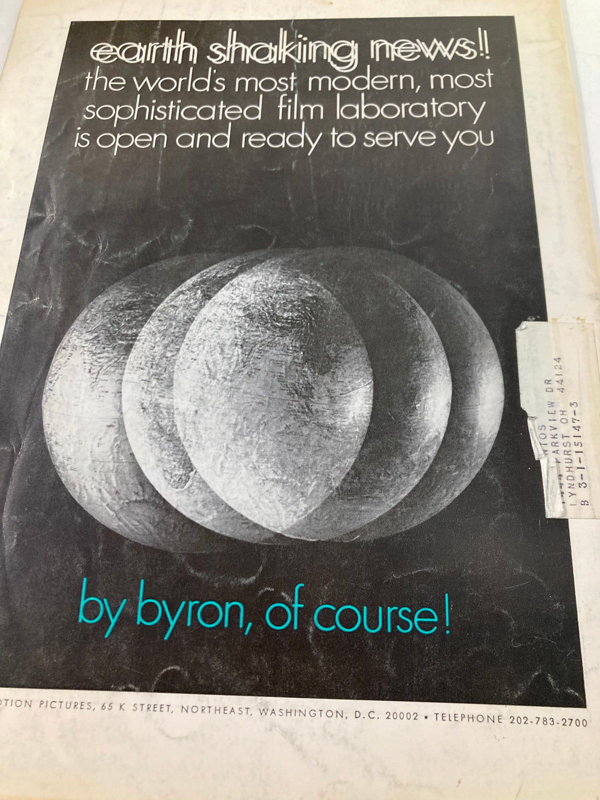 Cover of American Cinematographer Magazine July 1968 featuring an advertisement for a modern film laboratory with the text 'earth shaking news!!' and 'by byron, of course!' in a retro design.