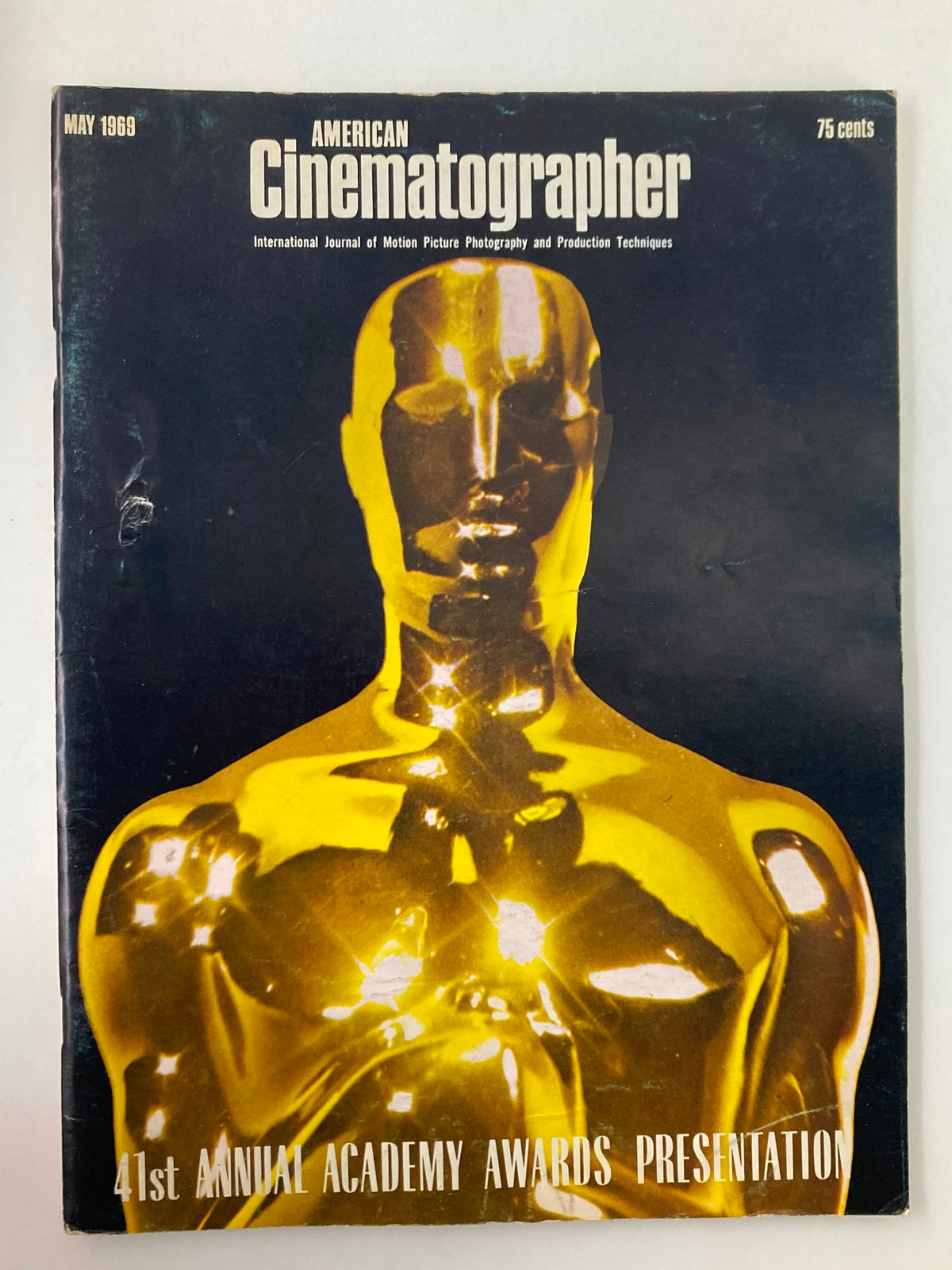 Cover of American Cinematographer Magazine from May 1969 featuring the 41st Annual Academy Awards, showcasing a golden Oscar statuette.