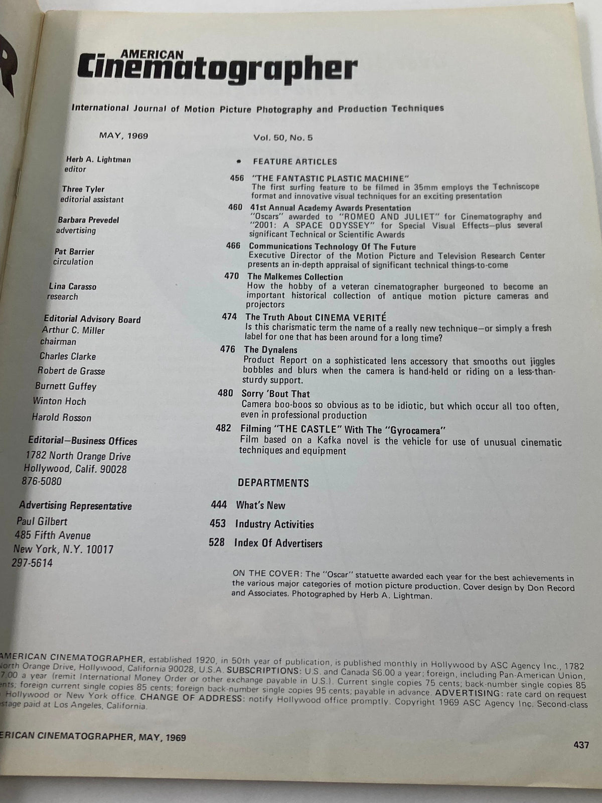 Interior page of the May 1969 American Cinematographer Magazine listing articles and features including coverage of the 41st Annual Academy Awards.