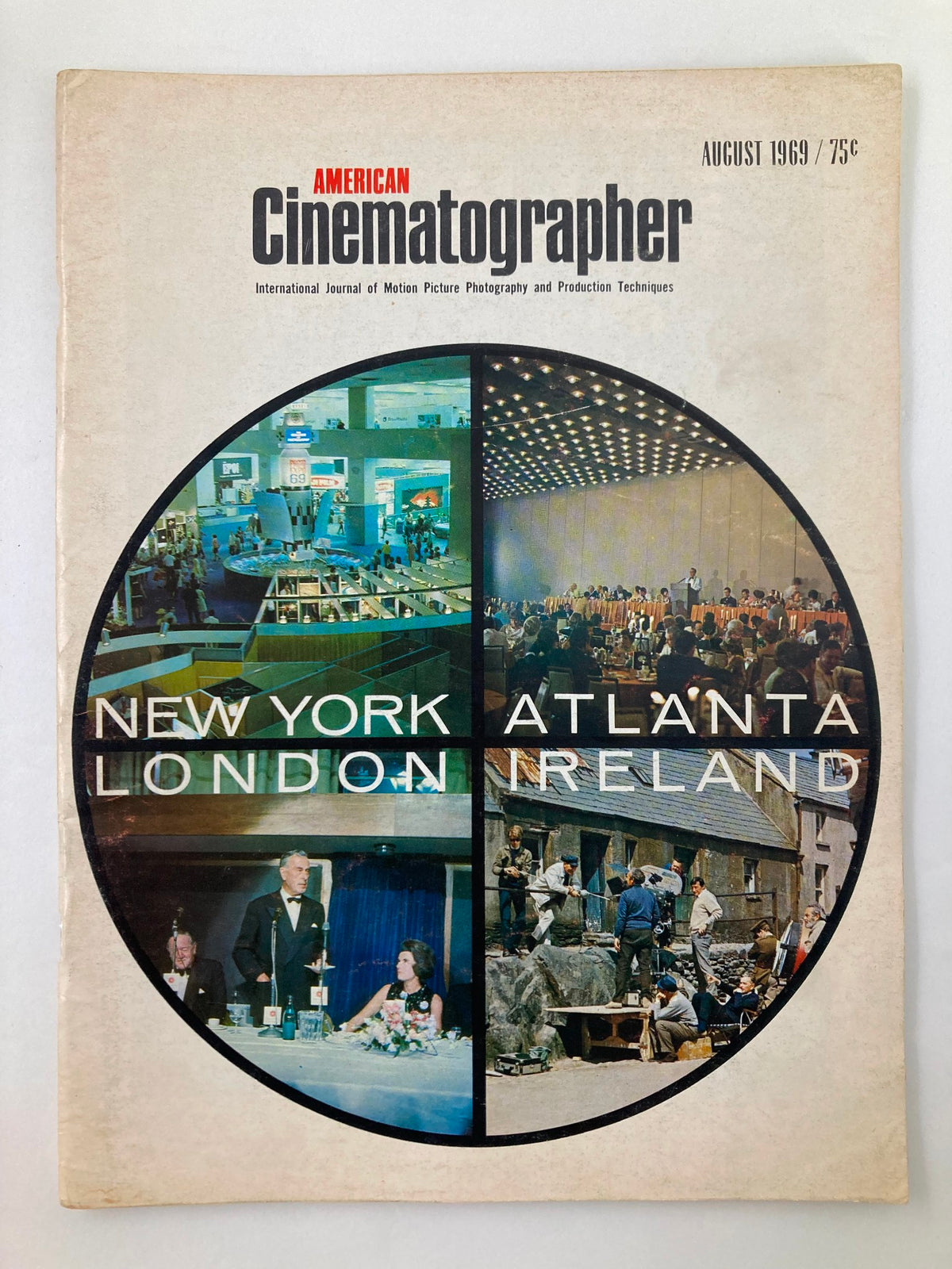 Cover of American Cinematographer Magazine August 1969 featuring a collage of images from New York, Atlanta, London, and Ireland, showcasing the film industry's highlights during that era.
