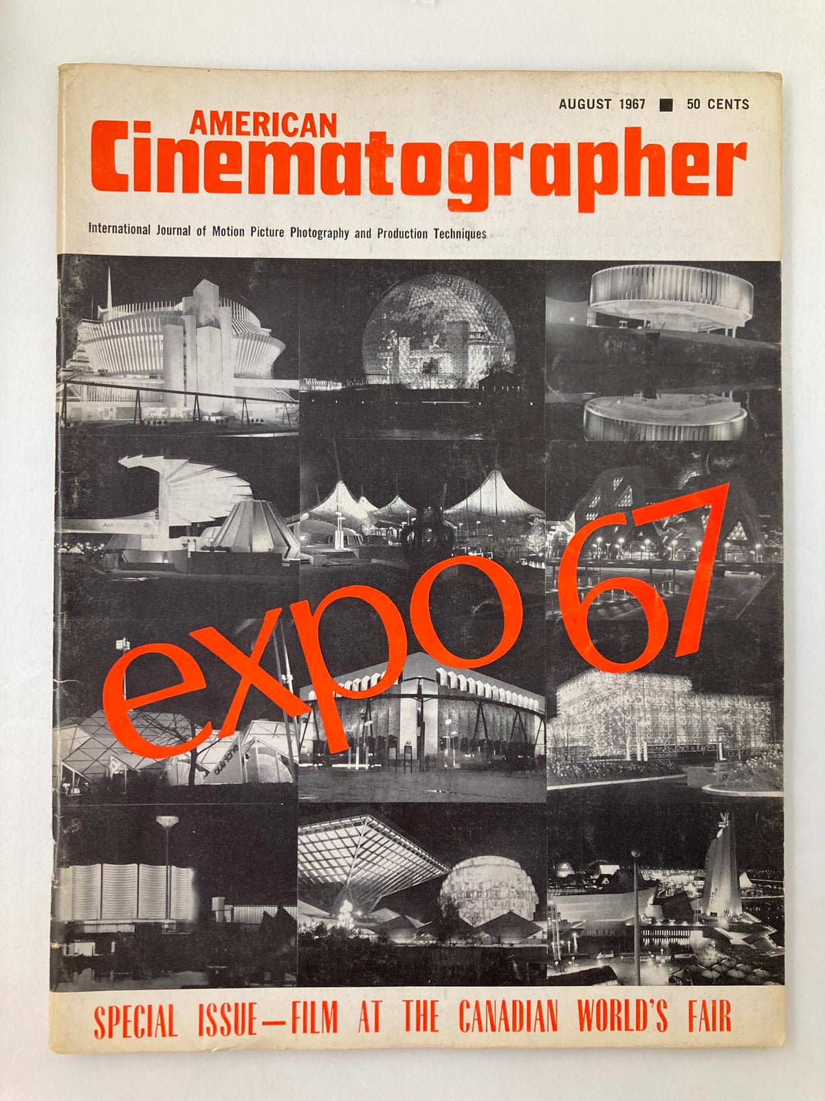 Cover of American Cinematographer Magazine August 1967 featuring highlights from the Canadian World's Fair with the title prominently displayed.