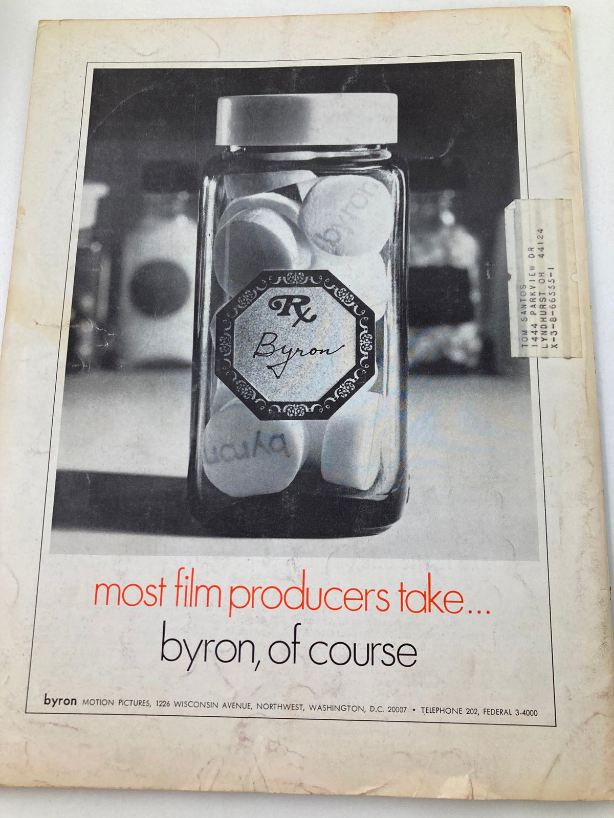 Back cover of American Cinematographer Magazine August 1967 showcasing an advertisement for Byron Motion Pictures.