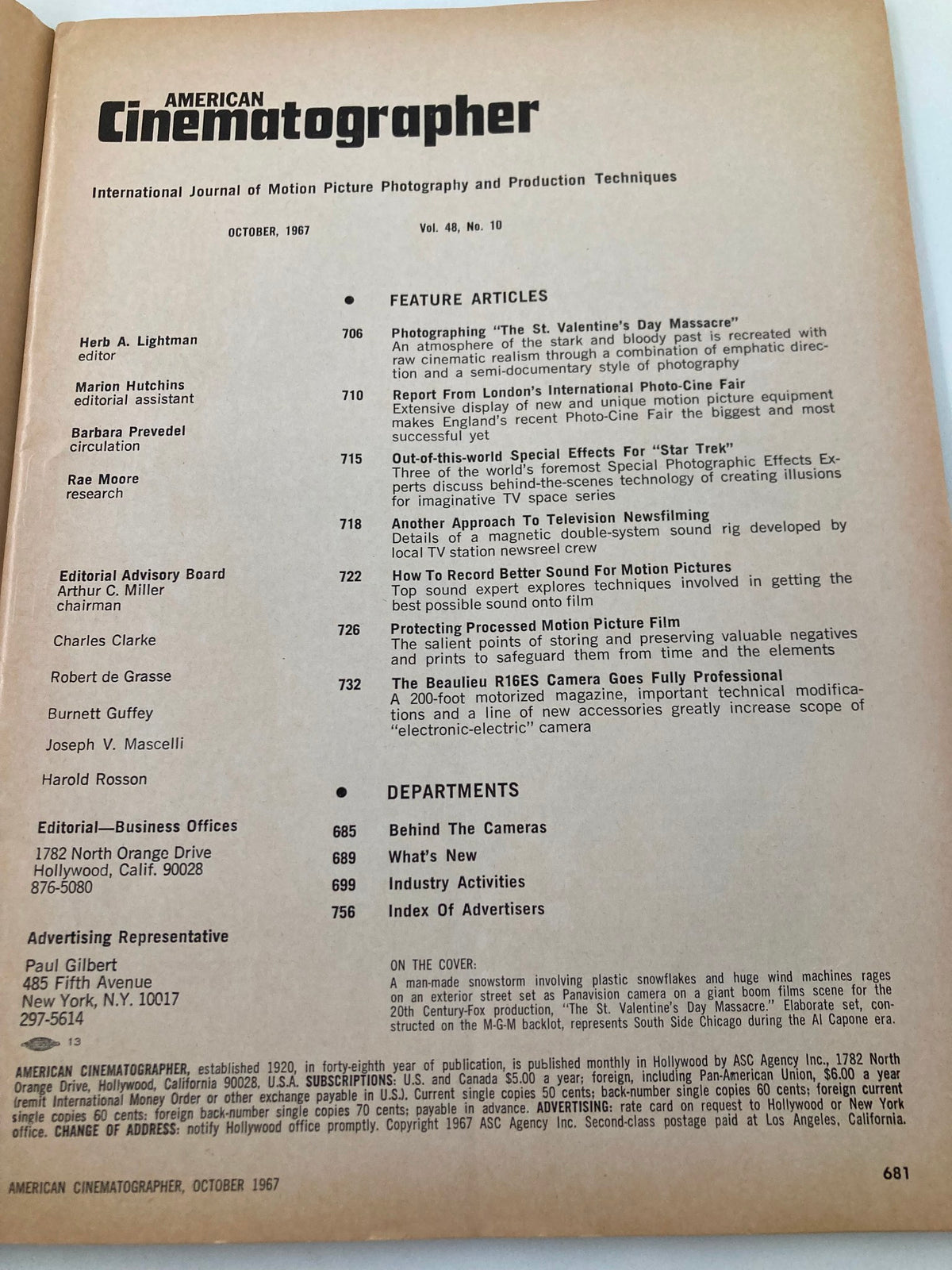 Cover page of American Cinematographer Magazine from October 1967 featuring articles on The St. Valentine's Day Massacre and film production techniques, highlighting editorial team and feature articles.