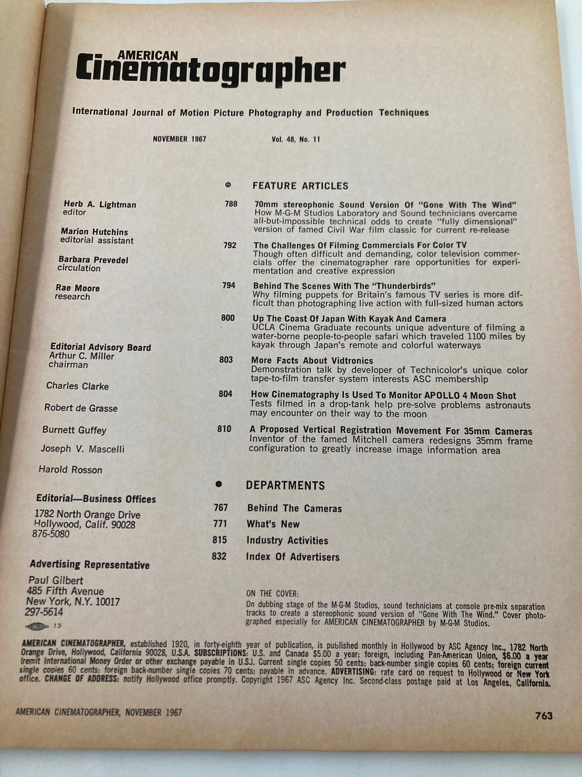 Inside page of American Cinematographer Magazine November 1967, presenting a table of contents with feature articles related to the sound version of Gone with The Wind.