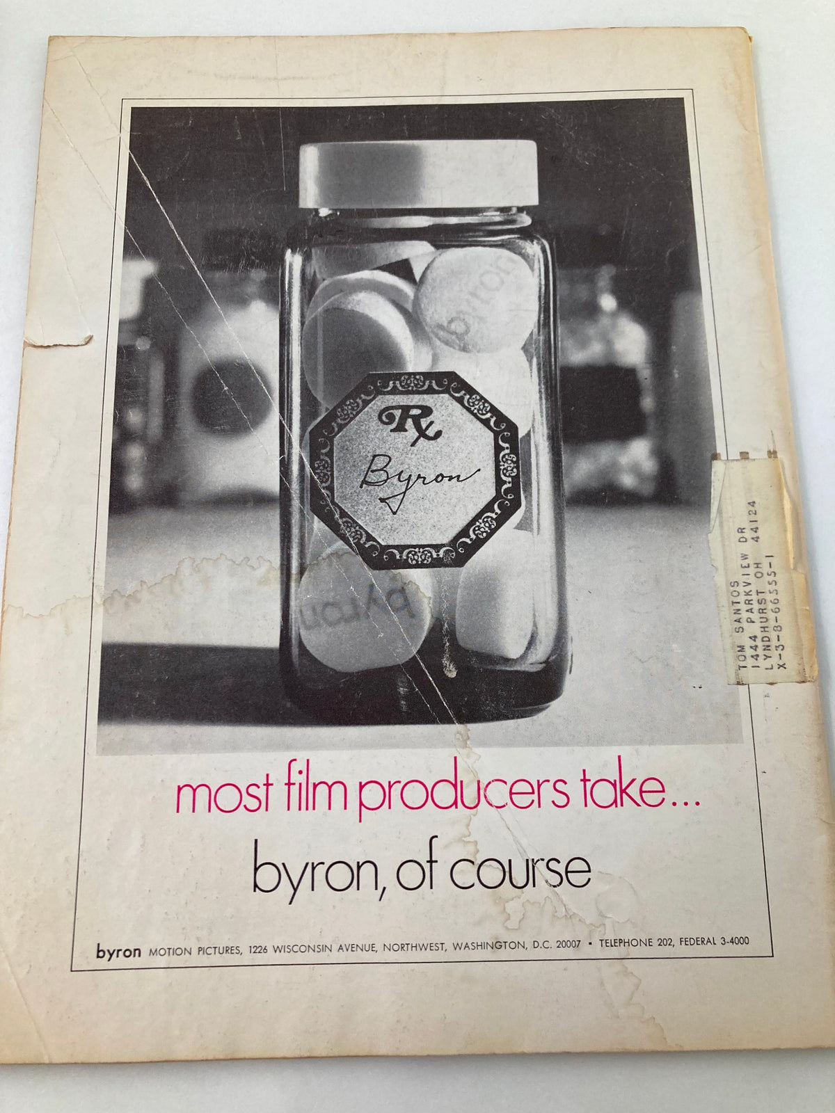 Back cover of American Cinematographer Magazine November 1967, displaying an advertisement for Byron, highlighting its connection to the film industry.