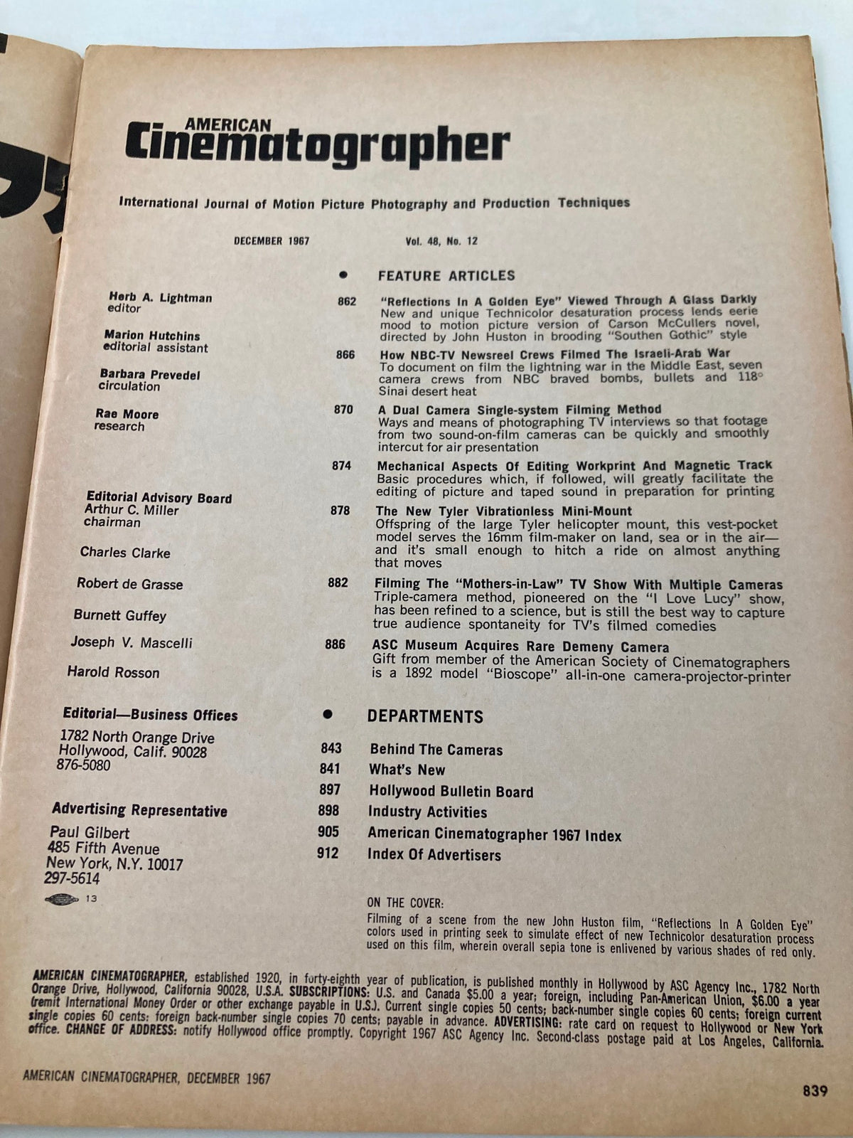 Inside page of the American Cinematographer Magazine December 1967, showcasing the table of contents and feature articles including 'Reflections in a Golden Eye.'