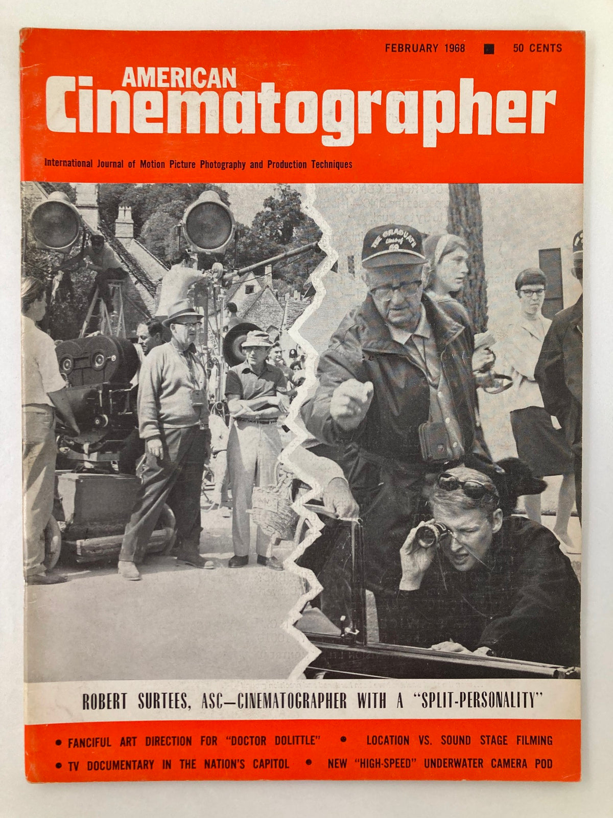 Cover image of American Cinematographer Magazine from February 1968 featuring Robert Surtees and his work on 'Split-Personality'. The cover showcases vintage cinematographic equipment and a production crew in action, highlighting the magazine's focus on motion picture photography and production techniques.