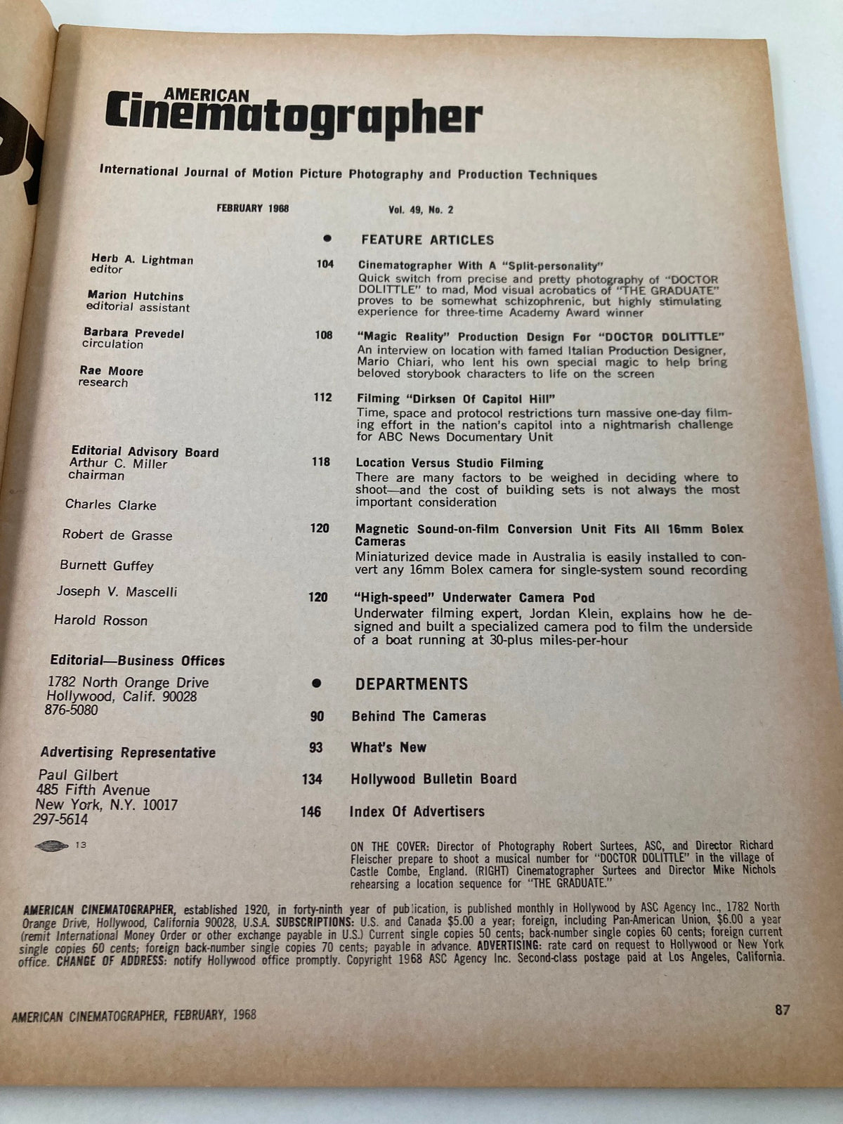 Table of contents page from American Cinematographer Magazine February 1968 featuring articles on cinematography techniques and notable film productions including Robert Surtees' work on 'Split-Personality'.