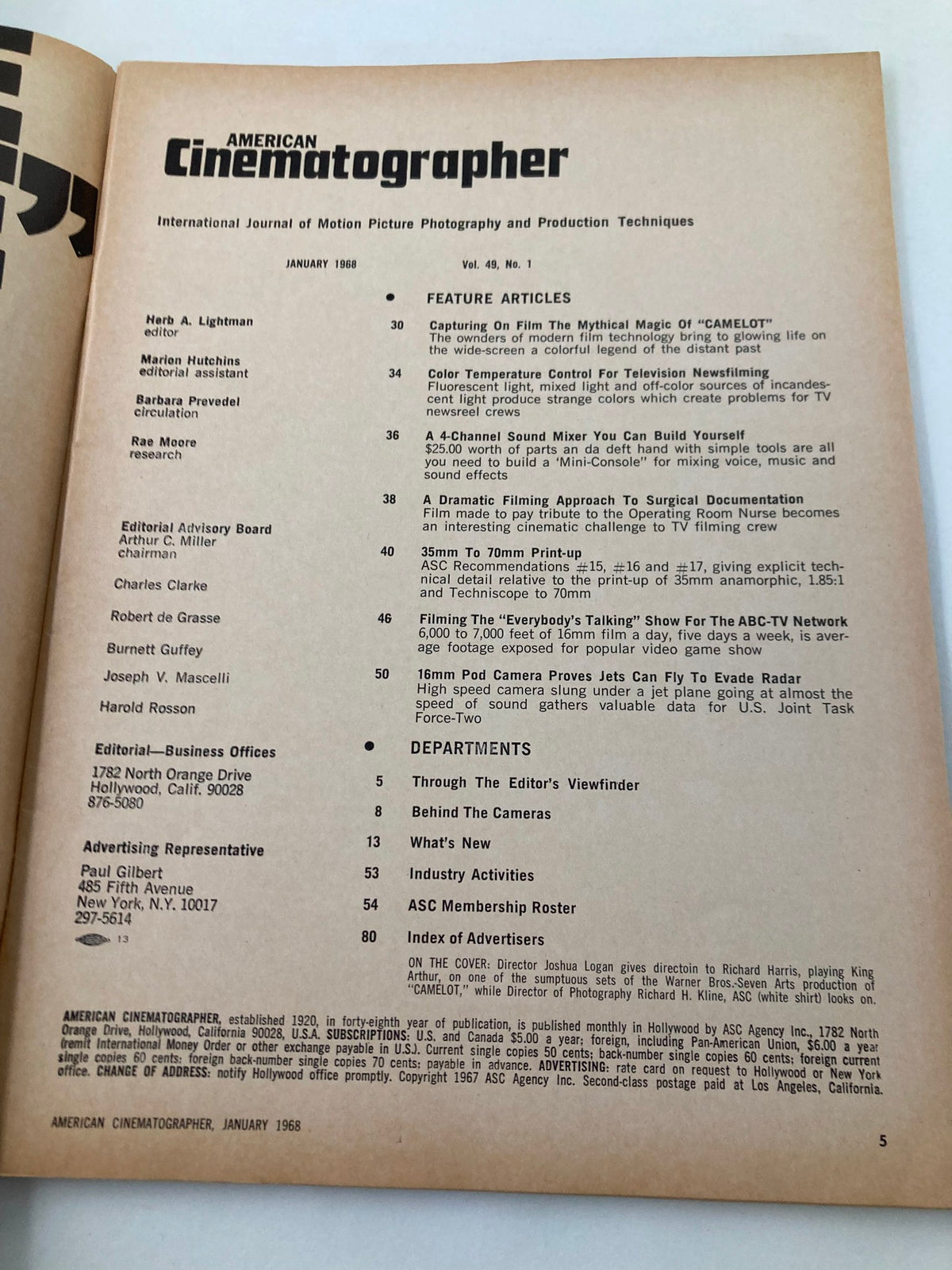 Contents page of American Cinematographer Magazine January 1968, listing feature articles including 'Capturing On Film The Mythical Magic Of 