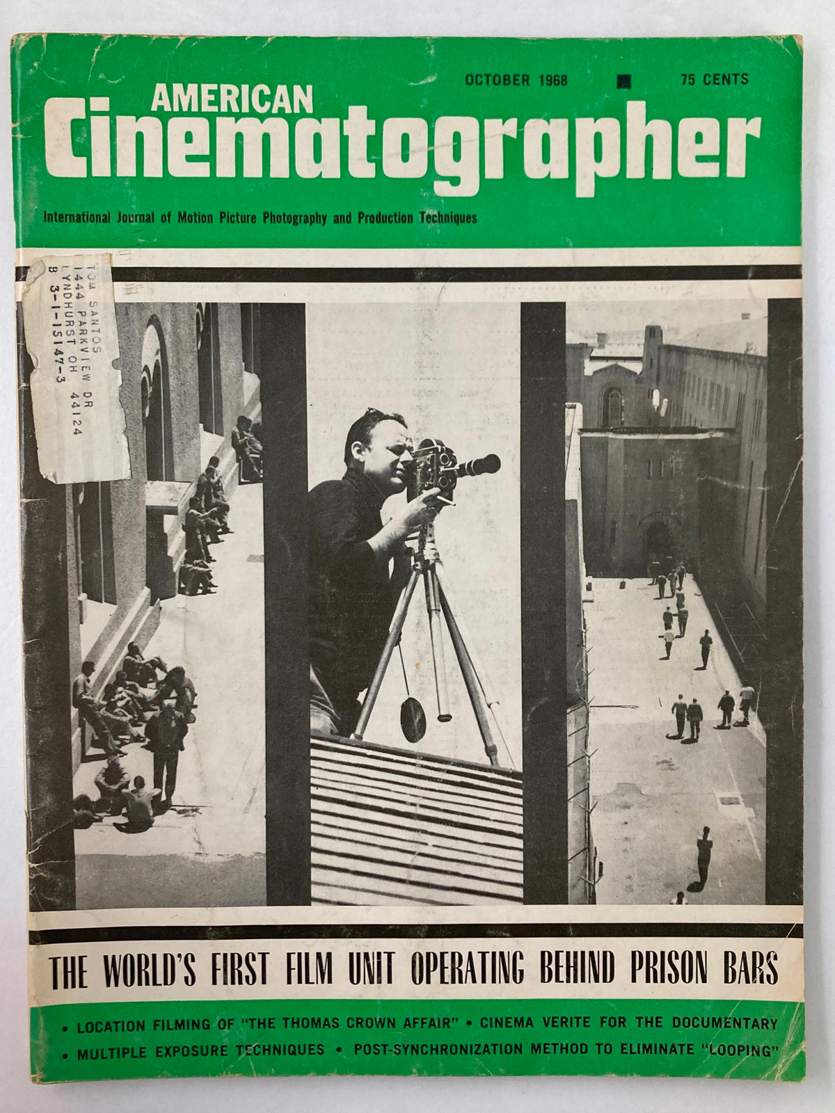 Cover of American Cinematographer Magazine, October 1968, featuring The Thomas Crown Affair, showcasing a photographer operating a camera on set and highlighting articles on documentary filmmaking and cinematography techniques.