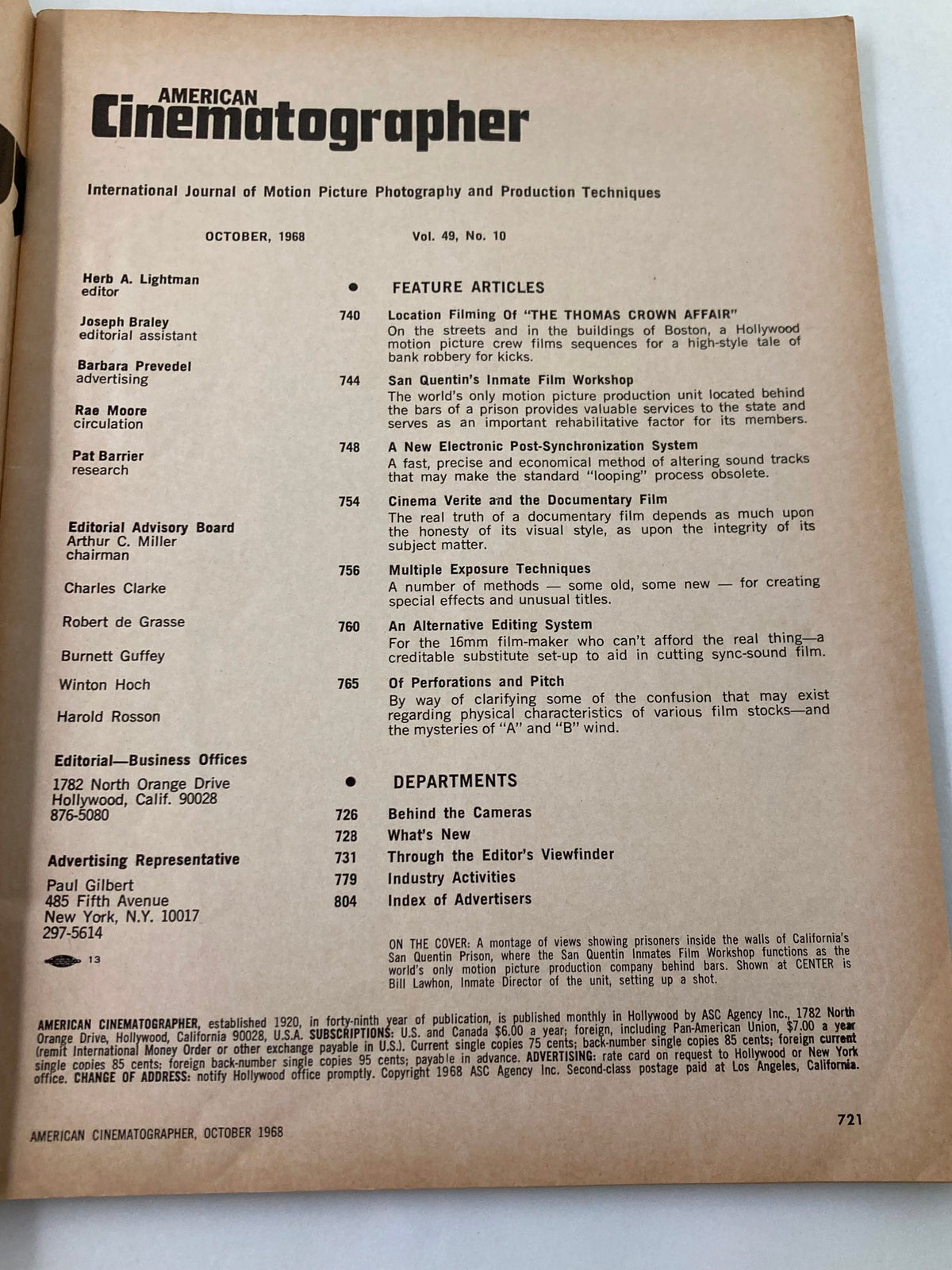 Interior page of American Cinematographer Magazine, October 1968, listing feature articles including the location filming of The Thomas Crown Affair and other cinematography topics.