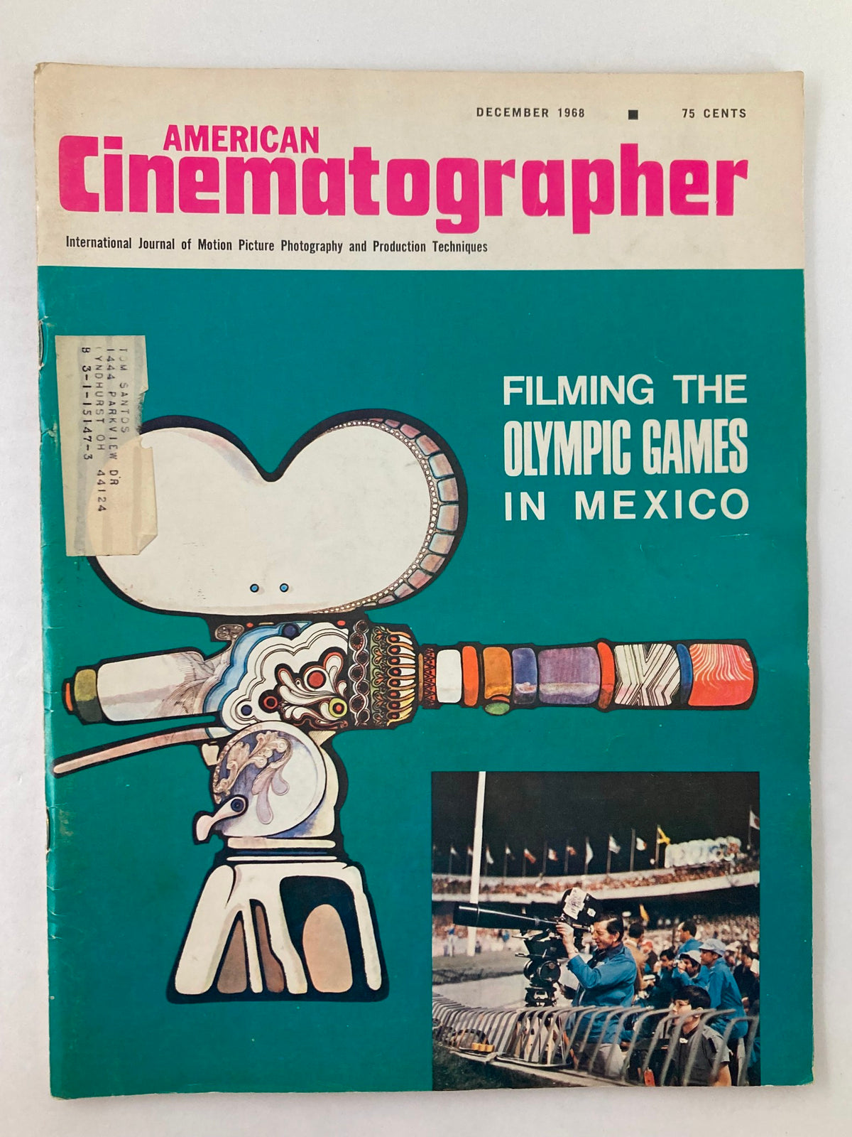 Cover of American Cinematographer Magazine December 1968 featuring 'Filming the Olympic Games in Mexico' with a colorful design and an image of a camera.