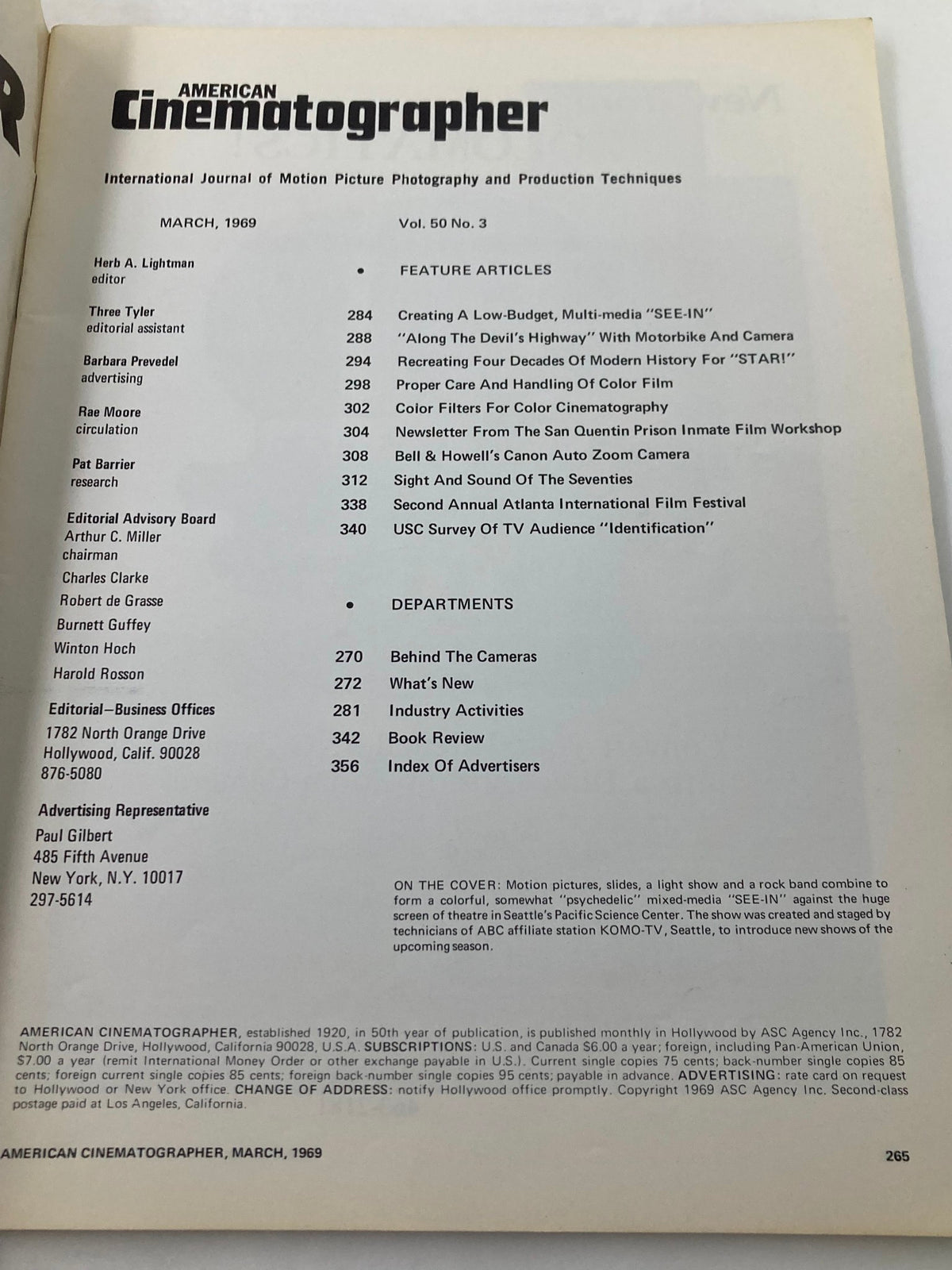 Table of contents from American Cinematographer Magazine, March 1969, highlighting various feature articles including low-budget mixed-media filmmaking techniques and insights into cinematography.