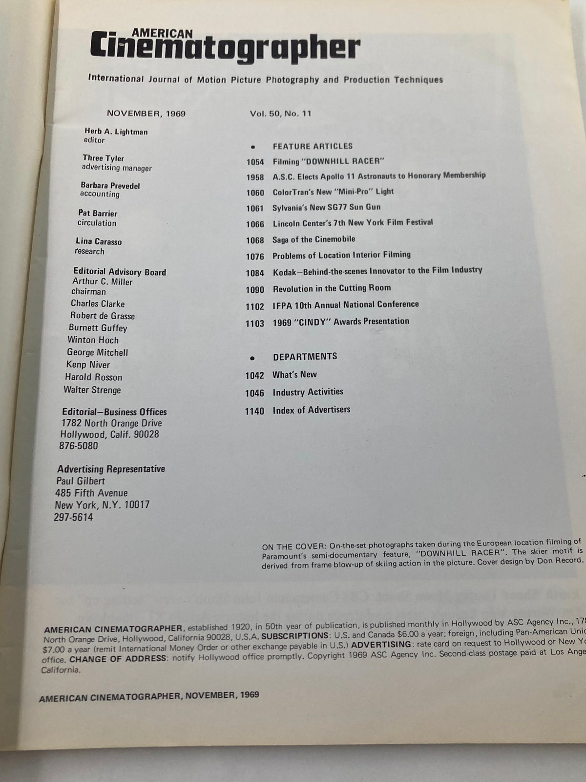 Inside page of American Cinematographer Magazine November 1969 showing the table of contents, featuring articles about filming 'Downhill Racer' and other cinematography topics.