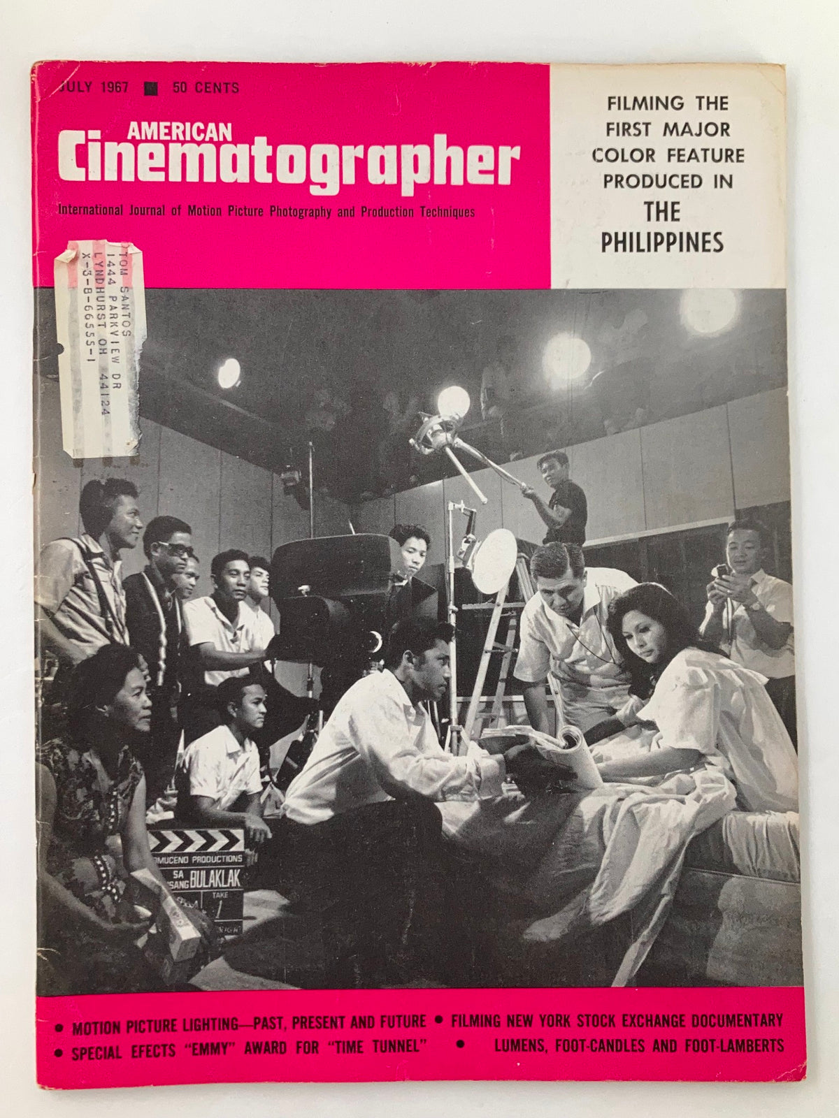 Cover of American Cinematographer Magazine July 1967 featuring Luis Nepomuceno and Charito Solis, showcasing classic cinematic themes and production techniques.