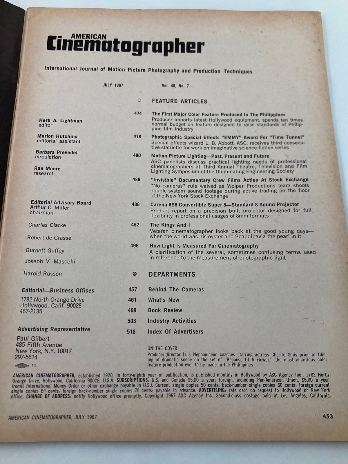 Inside page of American Cinematographer Magazine July 1967, listing feature articles including 'The First Major Color Feature Produced in The Philippines,' illustrating the magazine's focus on significant cinematic contributions.