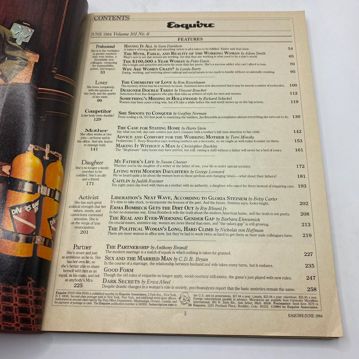 Contents page of VTG Esquire Magazine June 1984 Vol 101 No. 6 New American Woman, highlighting features like articles on the chemistry of love, partnership, and women's evolving roles in society.